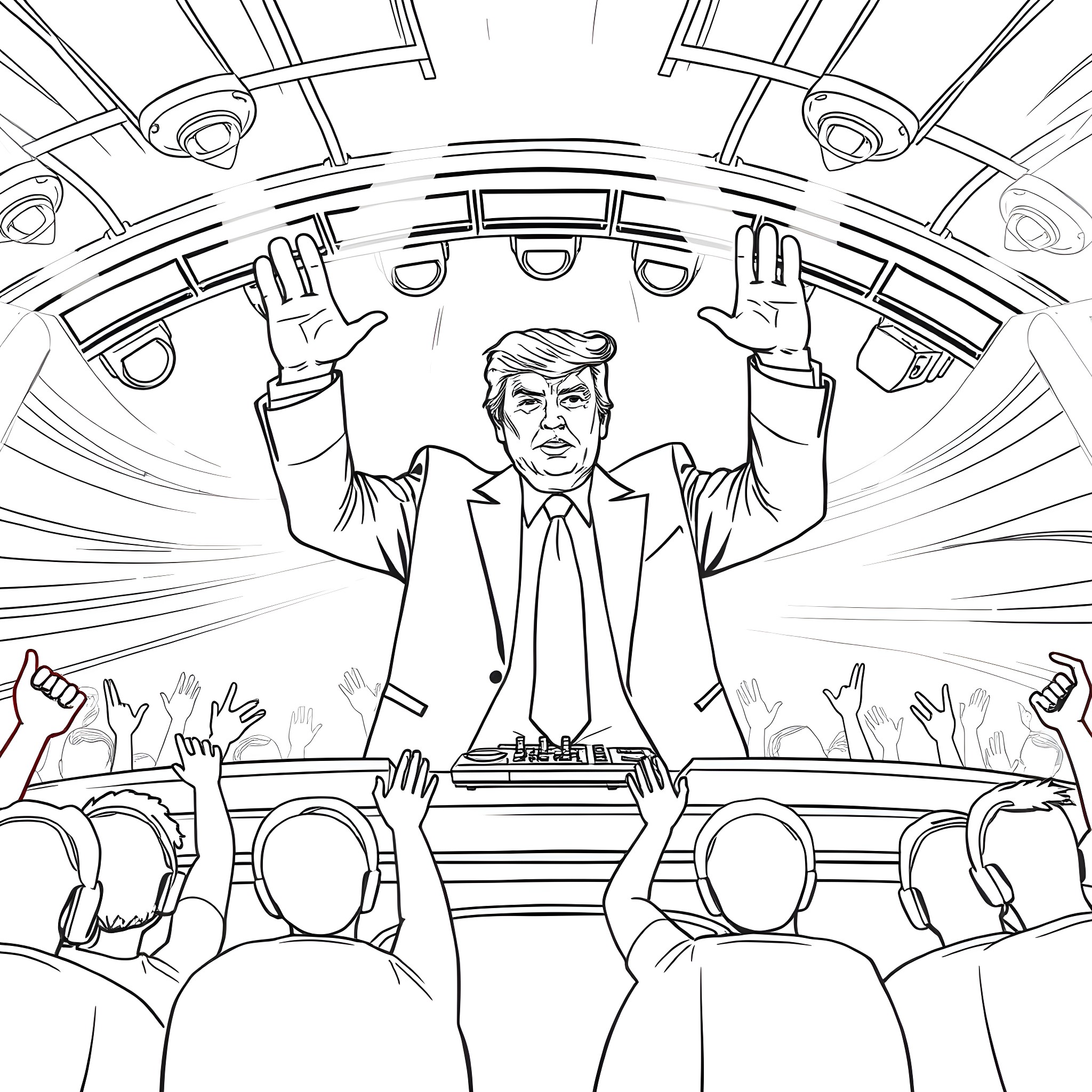 Trump Rallying a Crowd with Outstretched Arms Coloring Page (free black-and-white line drawing printable PDF for all, from beginners to advanced learners, including children, teens, adults, and seniors)