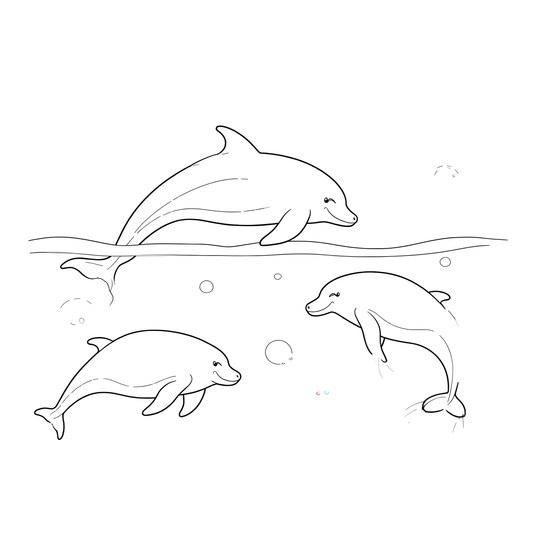 Dolphins playing in the ocean Coloring Page (free black-and-white line drawing printable PDF for all, from beginners to advanced learners, including children, teens, adults, and seniors)
