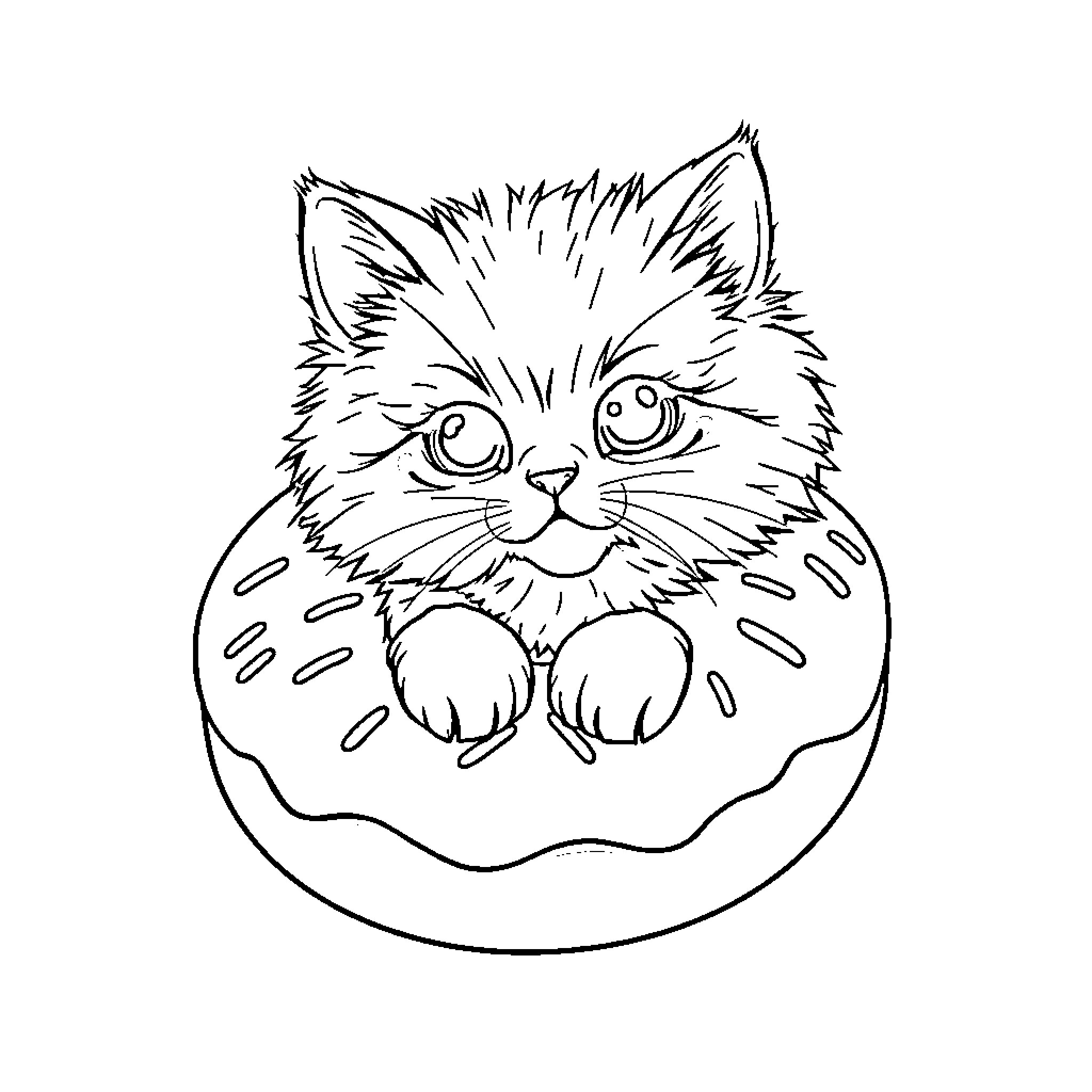 Cat in a Donut Pose Coloring Page (free black-and-white line drawing printable PDF for all, from beginners to advanced learners, including children, teens, adults, and seniors)