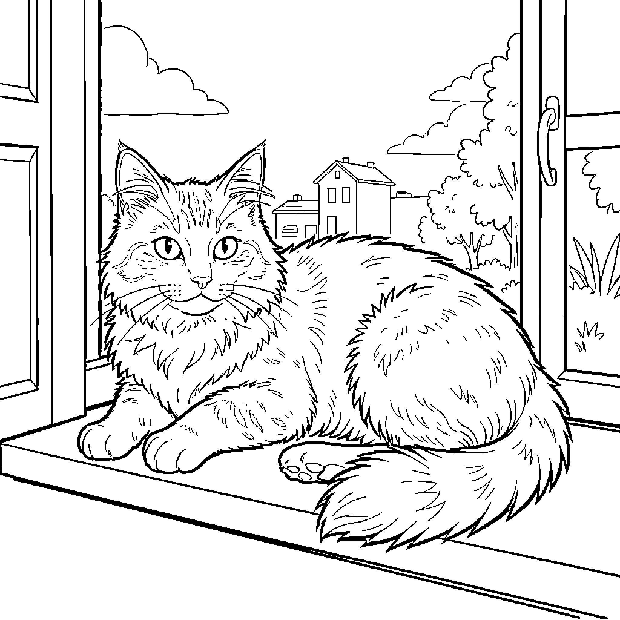 Cat resting on windowsill with outdoor scenery Coloring Page (free black-and-white line drawing printable PDF for all, from beginners to advanced learners, including children, teens, adults, and seniors)