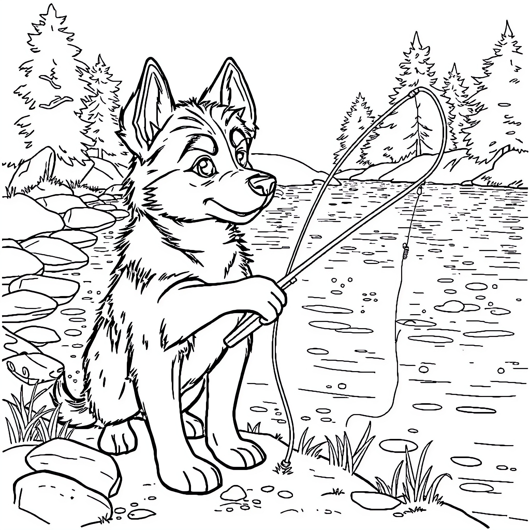 Bluey enjoying nature and fishing in the forest Coloring Page (free black-and-white line drawing printable PDF for all, from beginners to advanced learners, including children, teens, adults, and seniors)