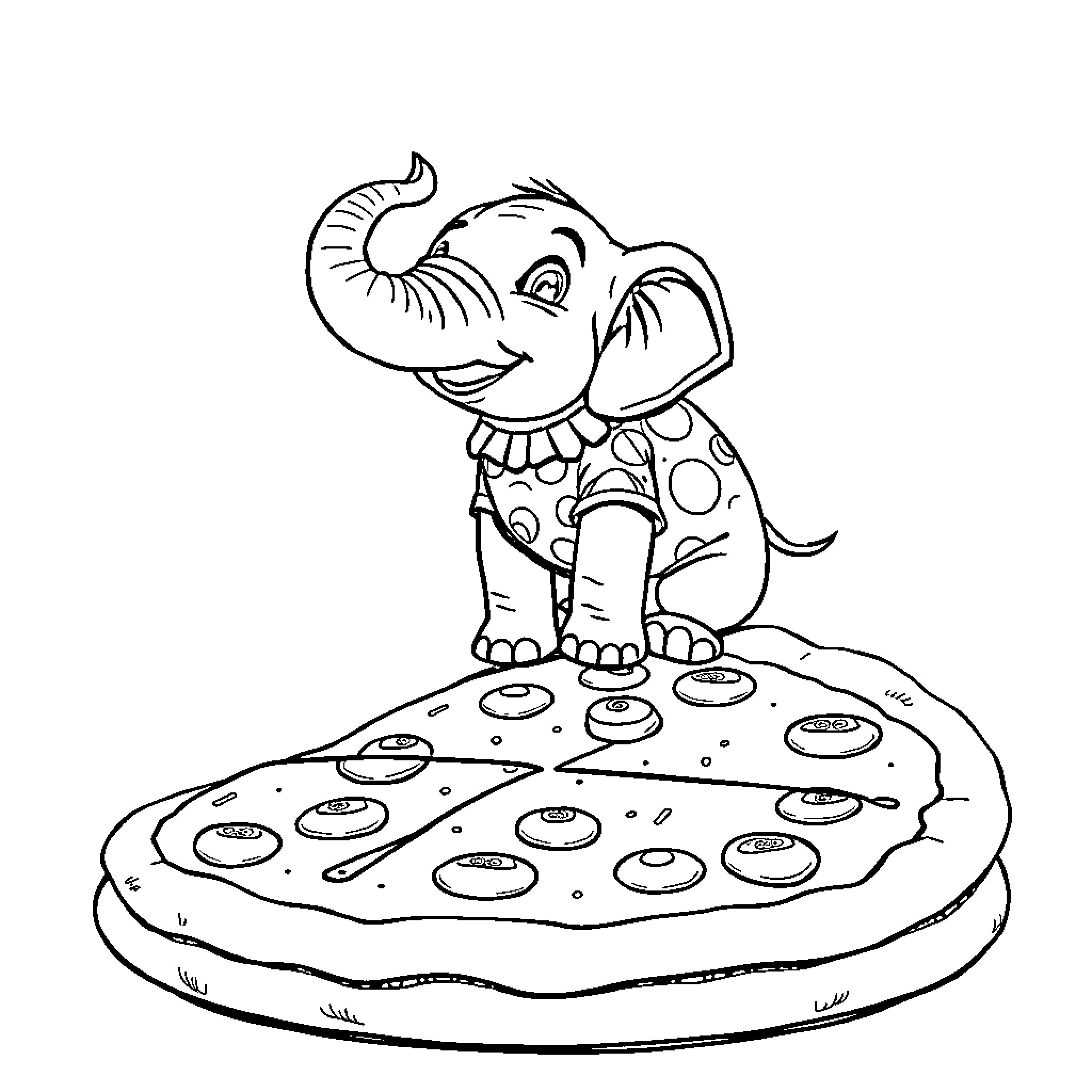 Elephant joyfully sitting on a pizza Coloring Page (free black-and-white line drawing printable PDF for all, from beginners to advanced learners, including children, teens, adults, and seniors)