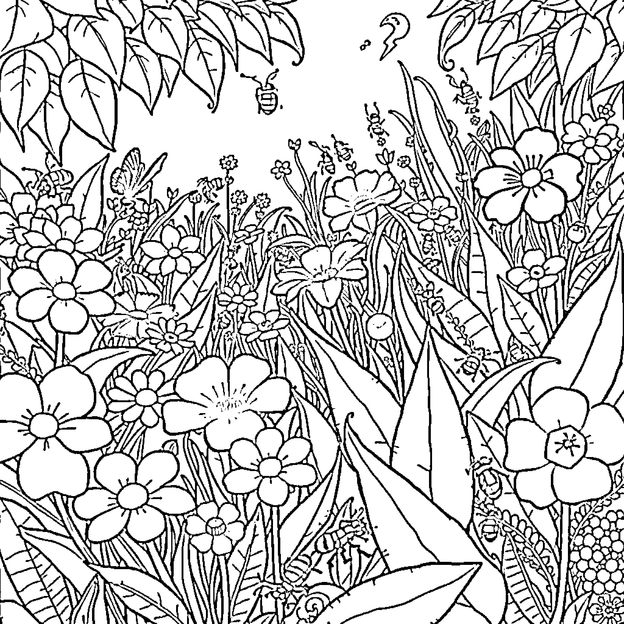 Bug exploring a lush floral garden Coloring Page (free black-and-white line drawing printable PDF for all, from beginners to advanced learners, including children, teens, adults, and seniors)