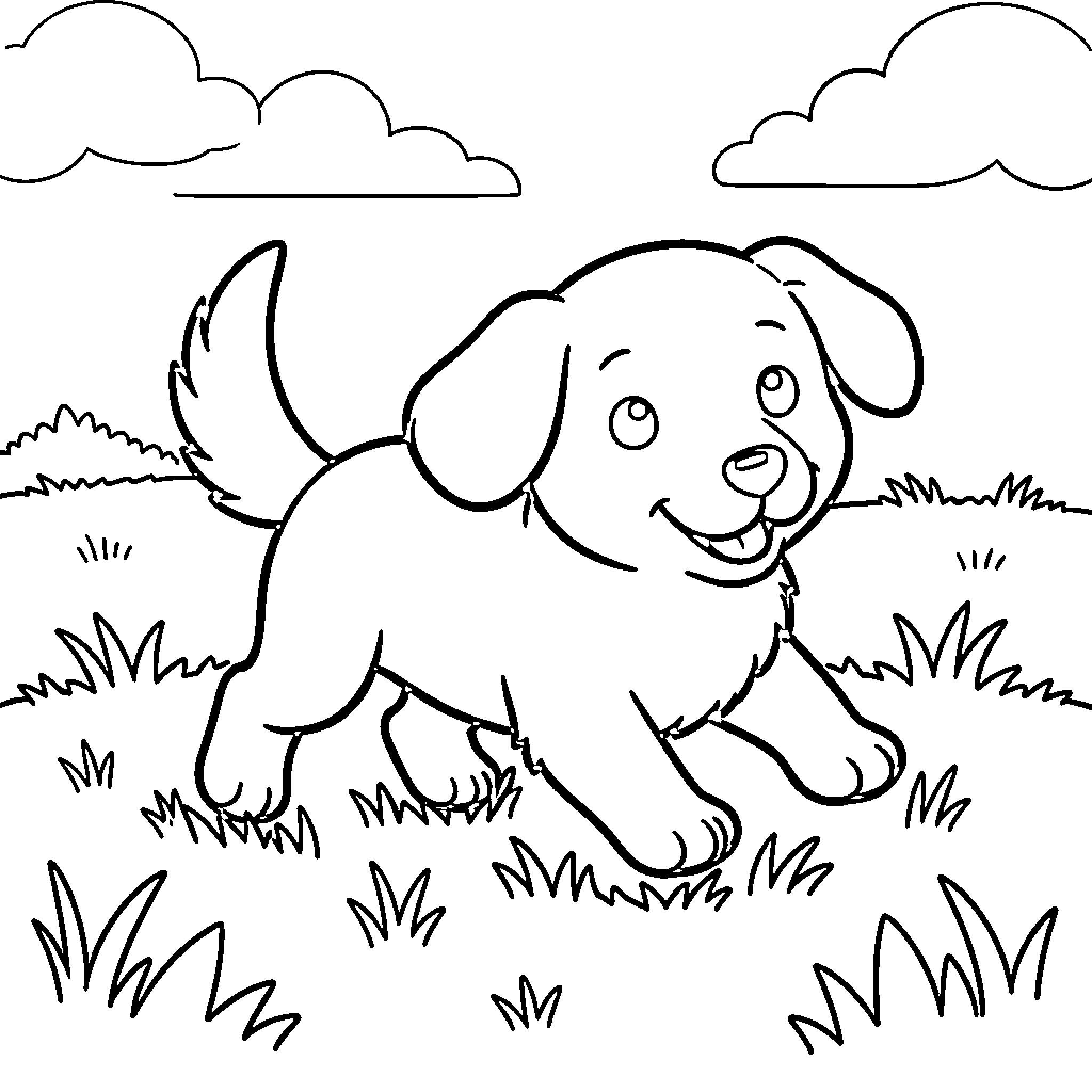 Dog playing happily in the park Coloring Page (free black-and-white line drawing printable PDF for all, from beginners to advanced learners, including children, teens, adults, and seniors)
