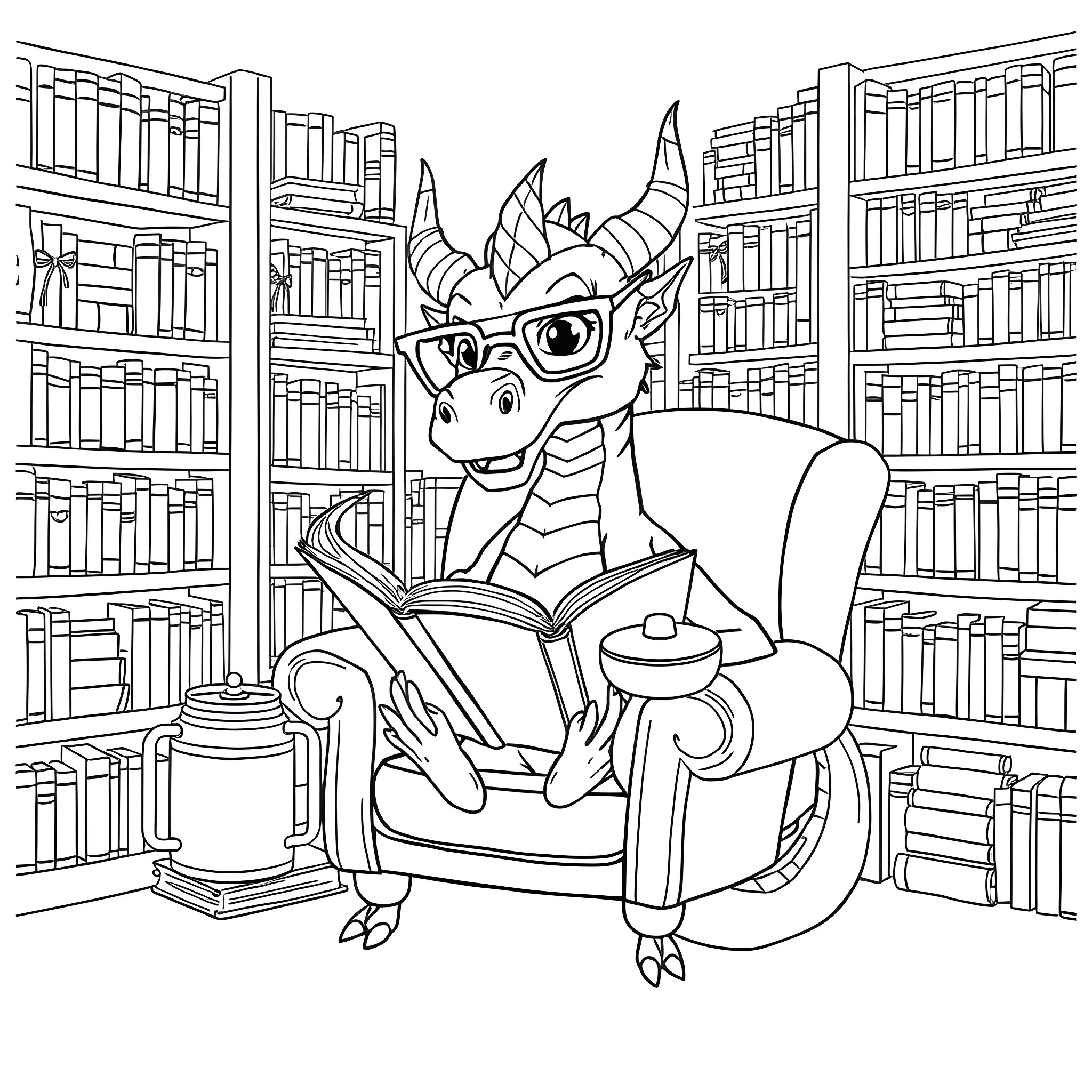 Dragon reading books in the library Coloring Page (free black-and-white line drawing printable PDF for all, from beginners to advanced learners, including children, teens, adults, and seniors)