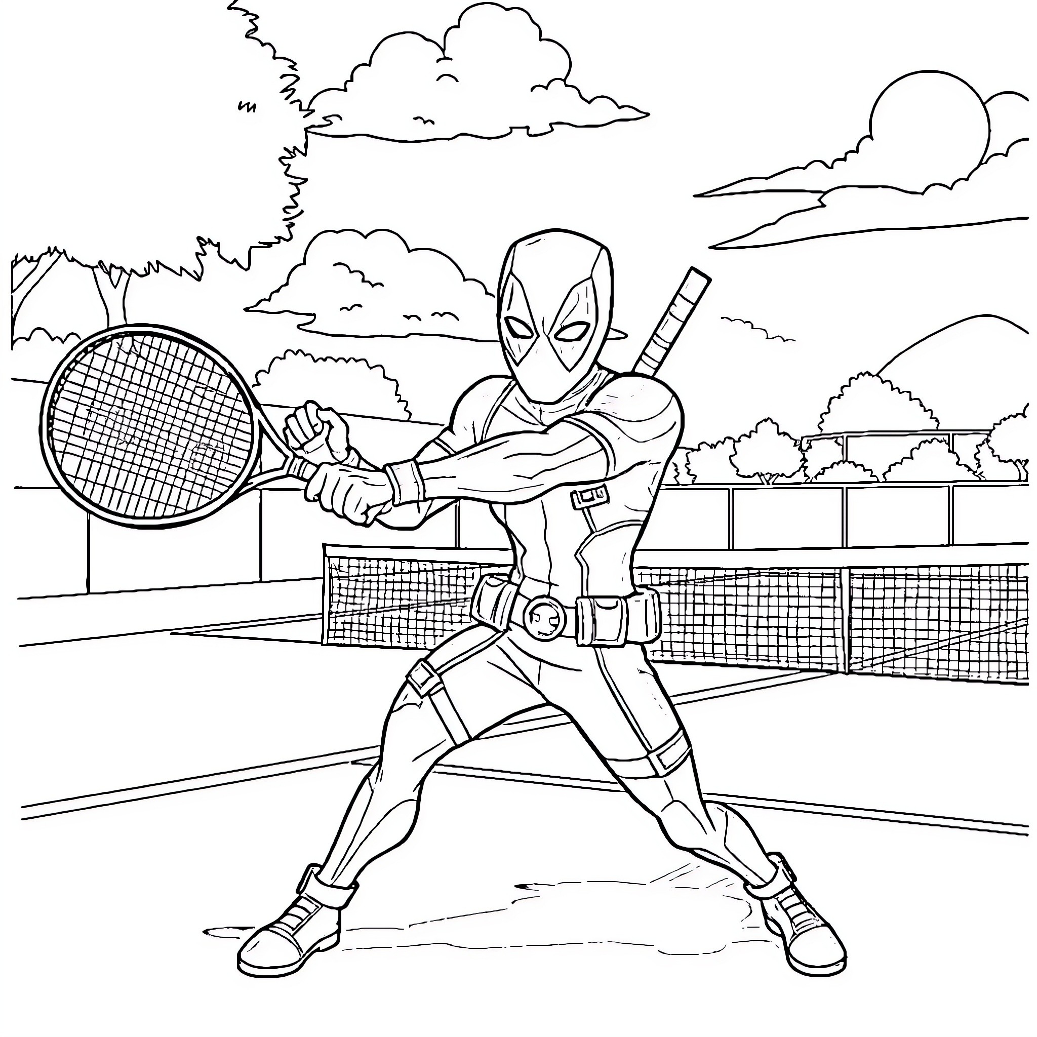 Deadpool playing tennis on the court Coloring Page (free black-and-white line drawing printable PDF for all, from beginners to advanced learners, including children, teens, adults, and seniors)