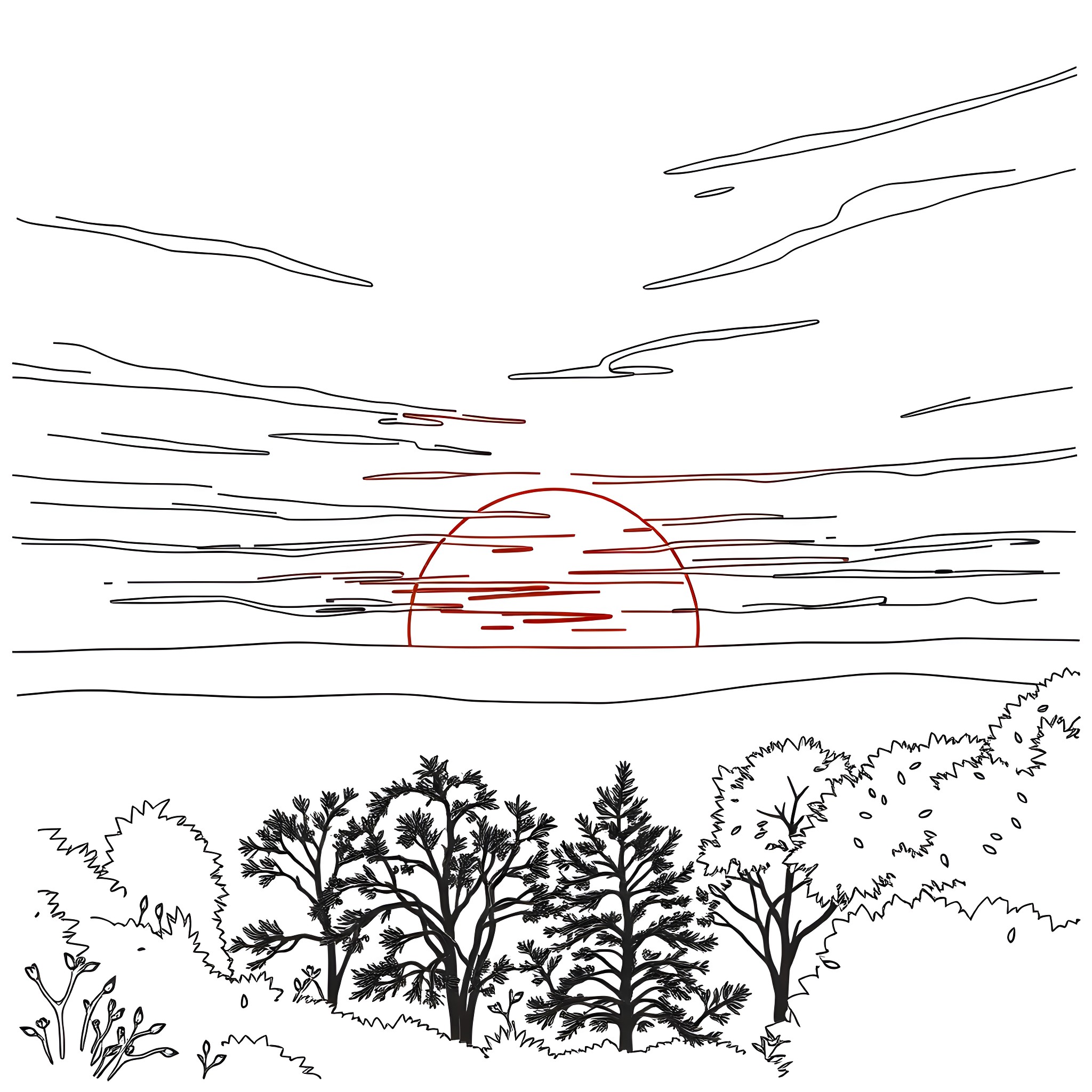Sunset over a silhouetted forest landscape Coloring Page (free black-and-white line drawing printable PDF for all, from beginners to advanced learners, including children, teens, adults, and seniors)
