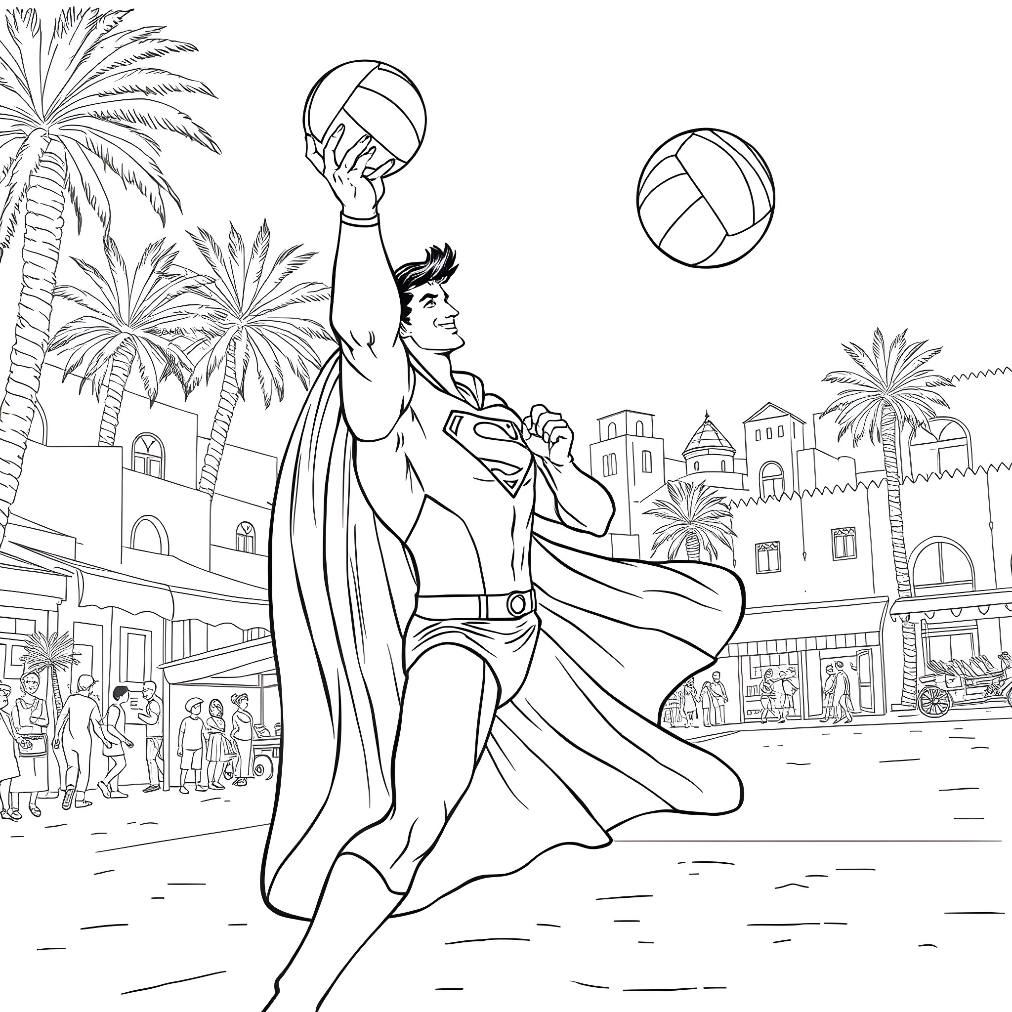 Superman playing volleyball in a tropical city Coloring Page (free black-and-white line drawing printable PDF for all, from beginners to advanced learners, including children, teens, adults, and seniors)