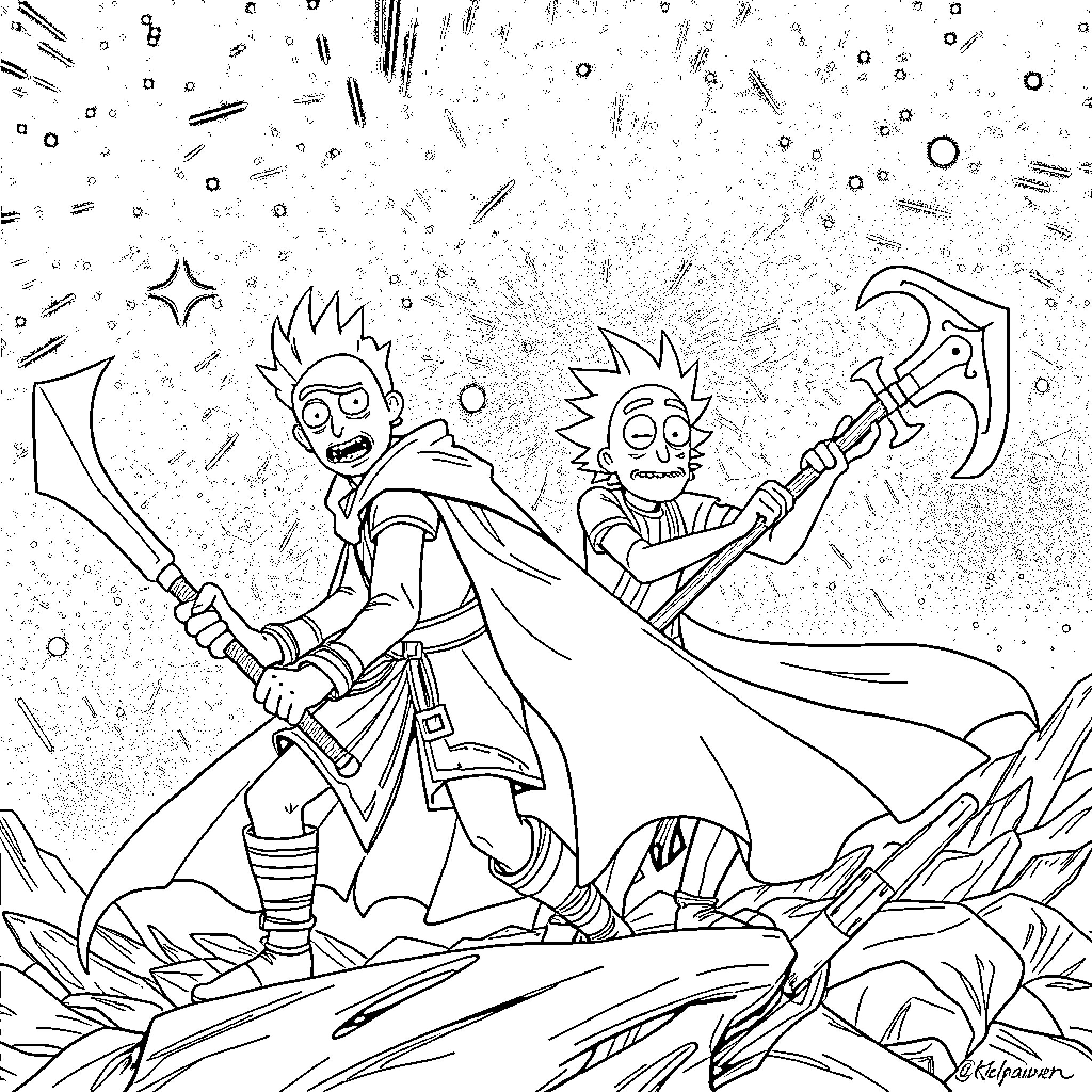 Legolas and Gimli in an epic battle Coloring Page (free black-and-white line drawing printable PDF for all, from beginners to advanced learners, including children, teens, adults, and seniors)