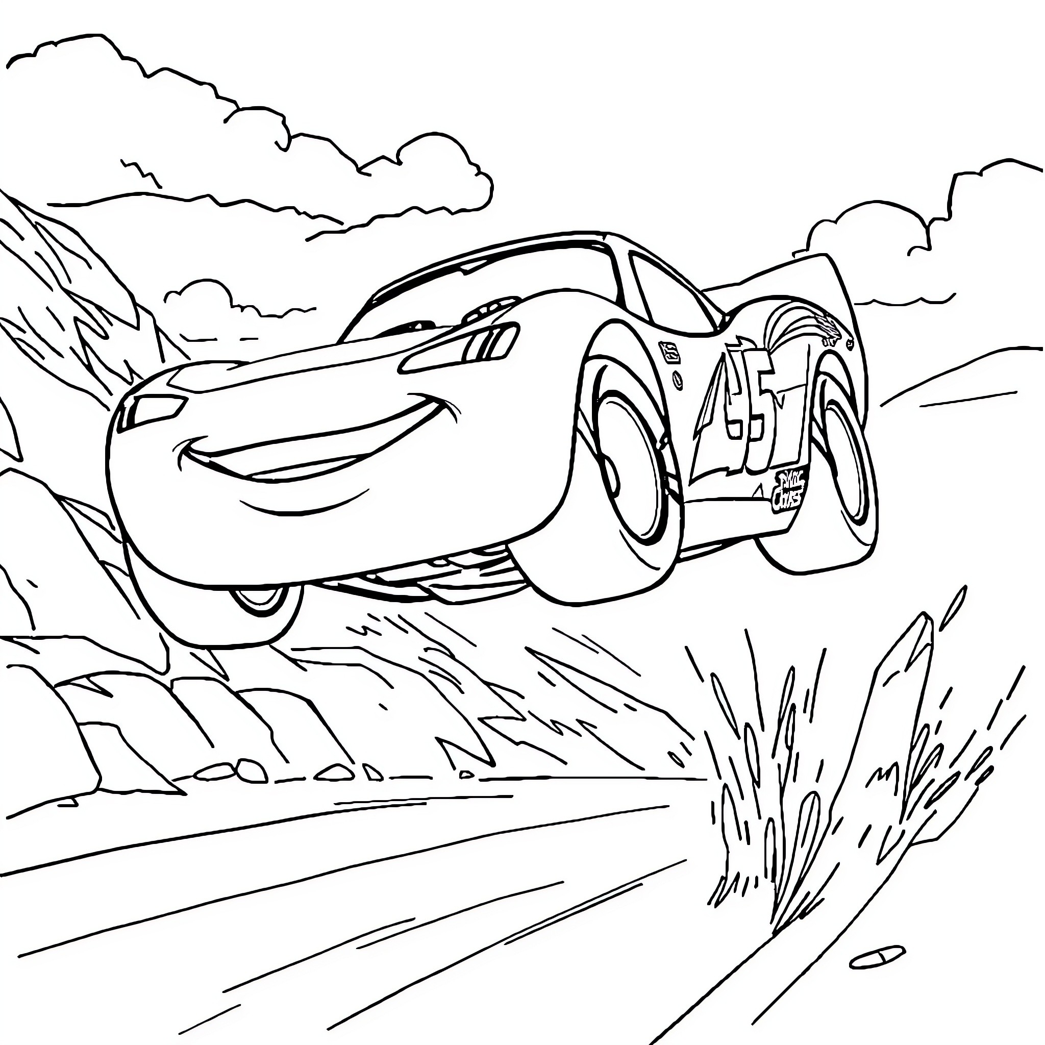 Lightning McQueen racing through the countryside Coloring Page (free black-and-white line drawing printable PDF for all, from beginners to advanced learners, including children, teens, adults, and seniors)