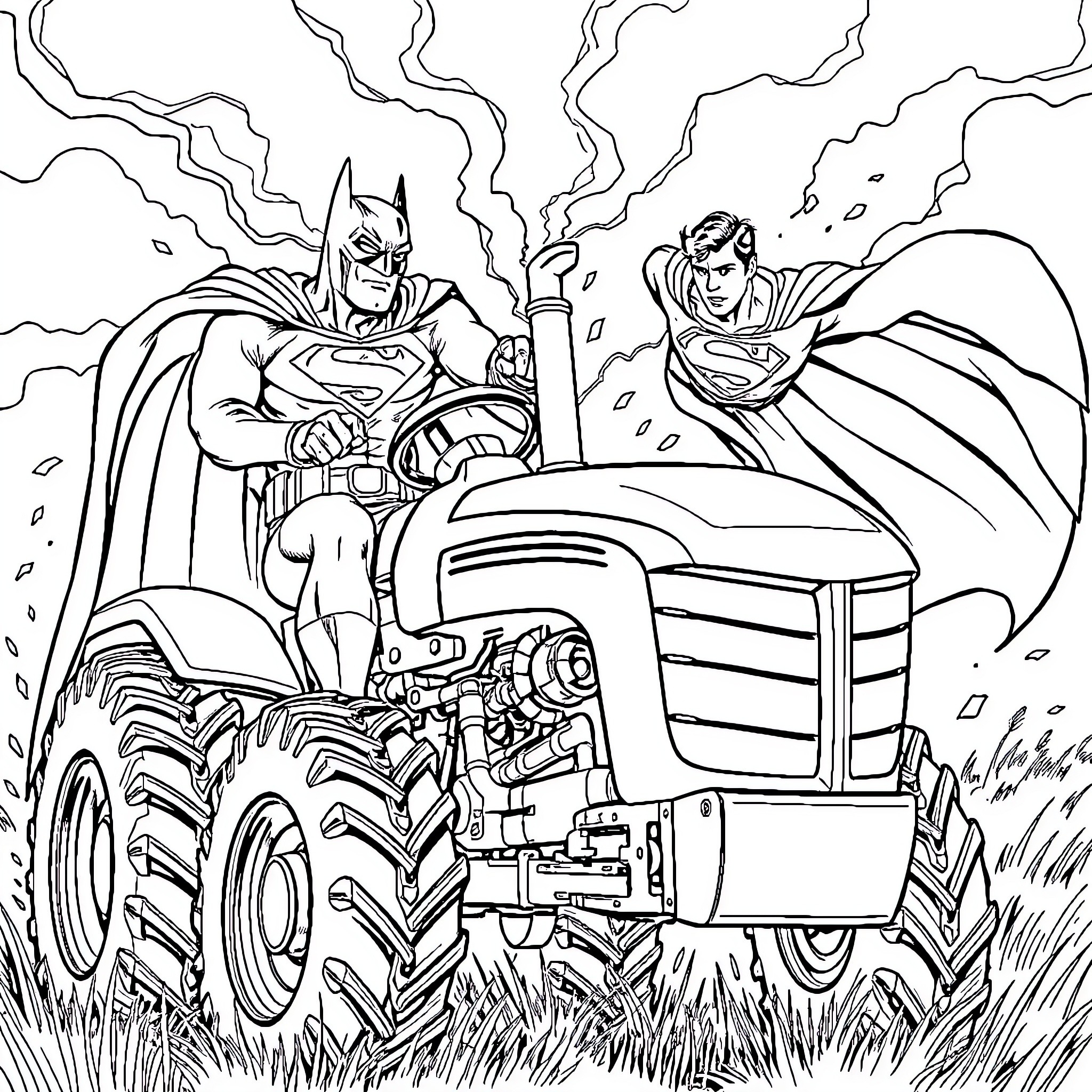 Batman and Superman heroically saving the day Coloring Page (free black-and-white line drawing printable PDF for all, from beginners to advanced learners, including children, teens, adults, and seniors)