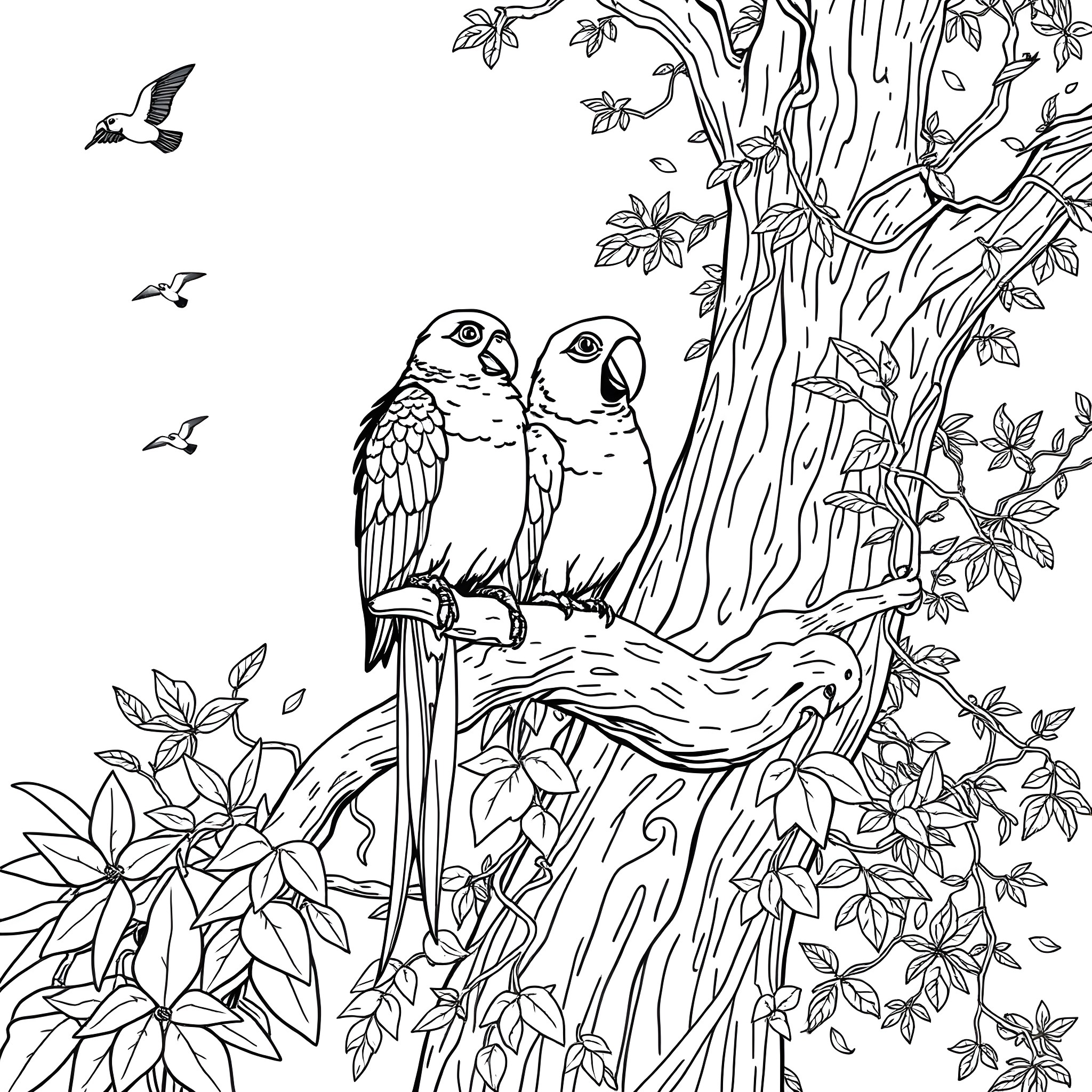 Parrot Pair in Autumn Foliage Coloring Page (free black-and-white line drawing printable PDF for all, from beginners to advanced learners, including children, teens, adults, and seniors)