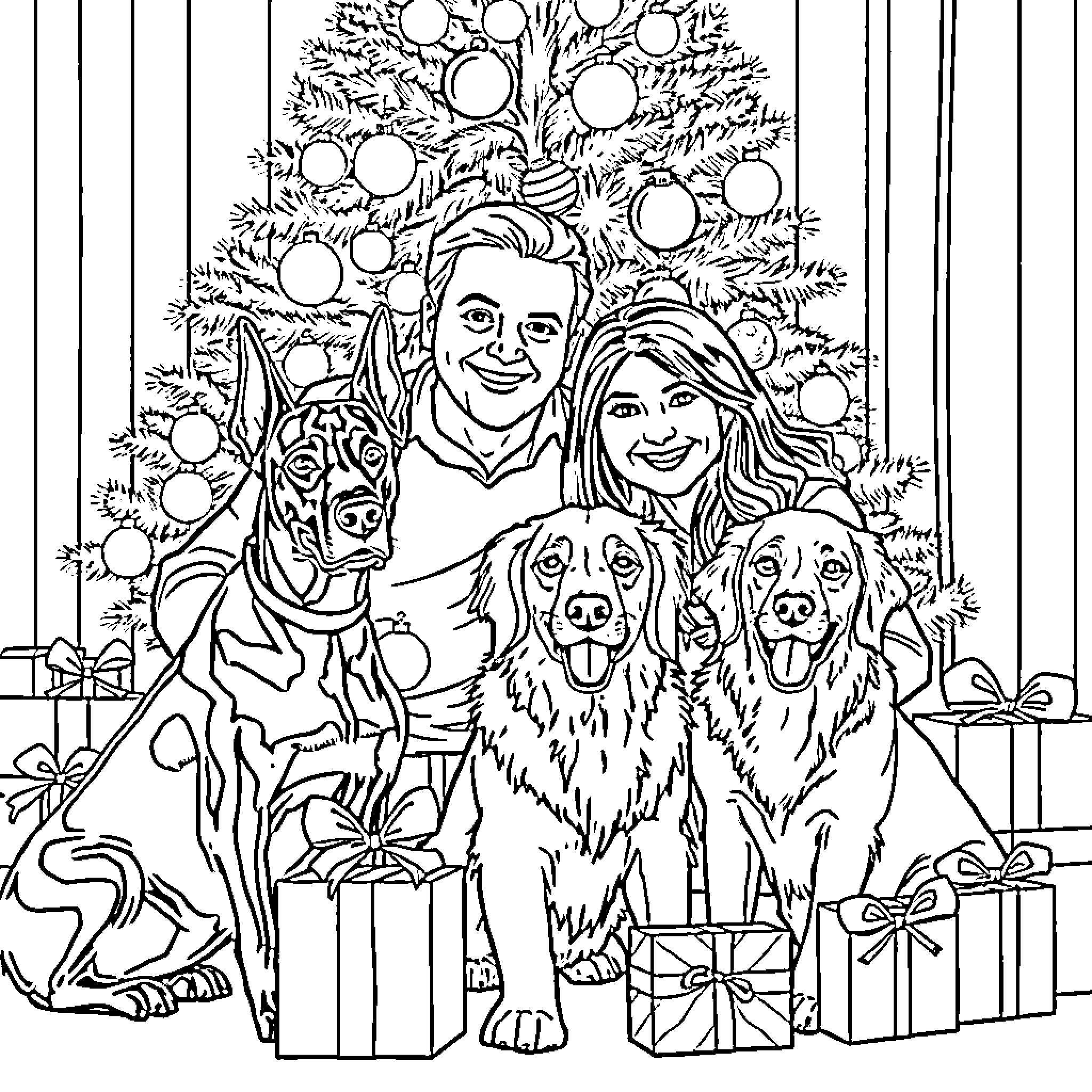 Dog family posing together by Christmas tree Coloring Page (free black-and-white line drawing printable PDF for all, from beginners to advanced learners, including children, teens, adults, and seniors)