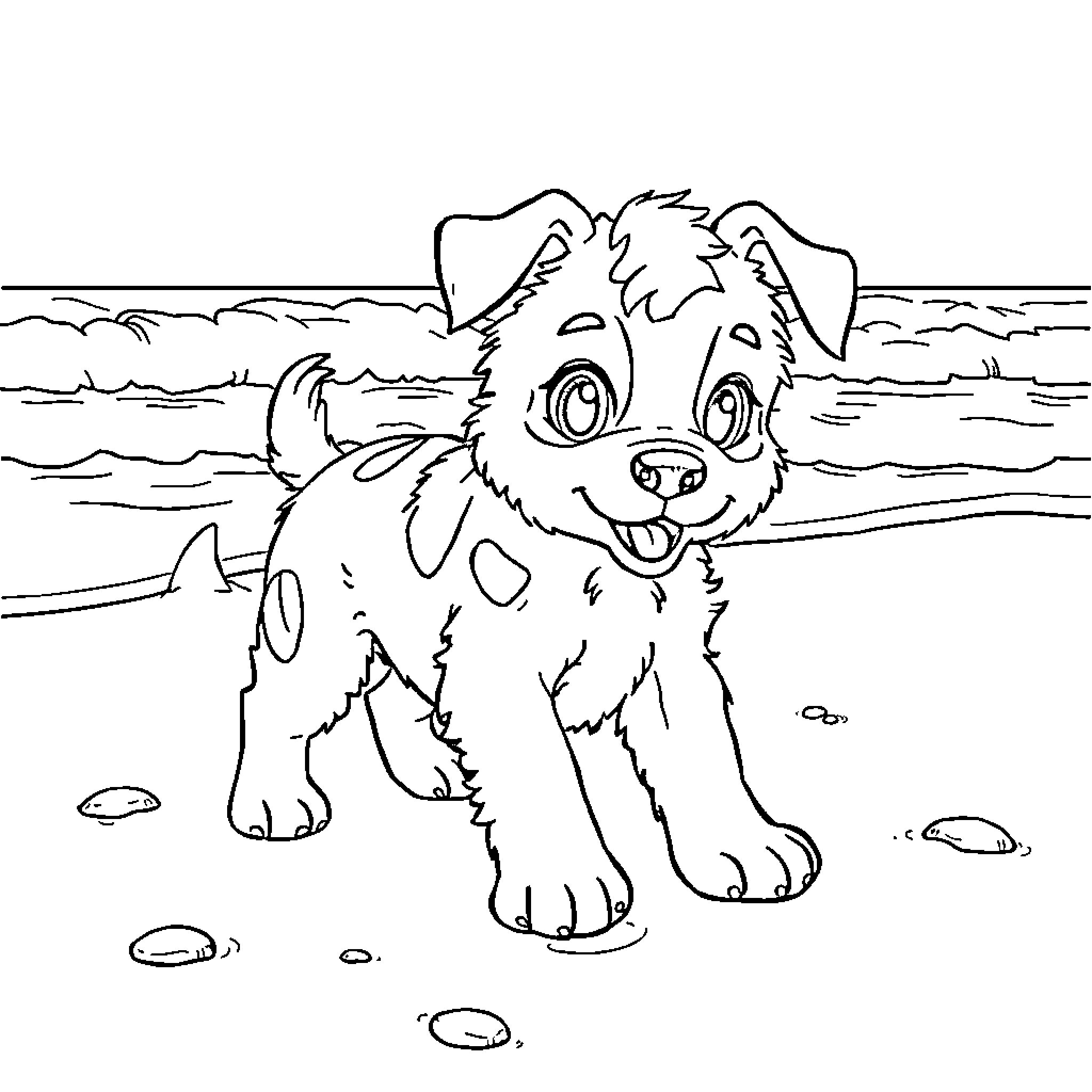 Huntrix Puppy Playing on the Beach Coloring Page (free black-and-white line drawing printable PDF for all, from beginners to advanced learners, including children, teens, adults, and seniors)