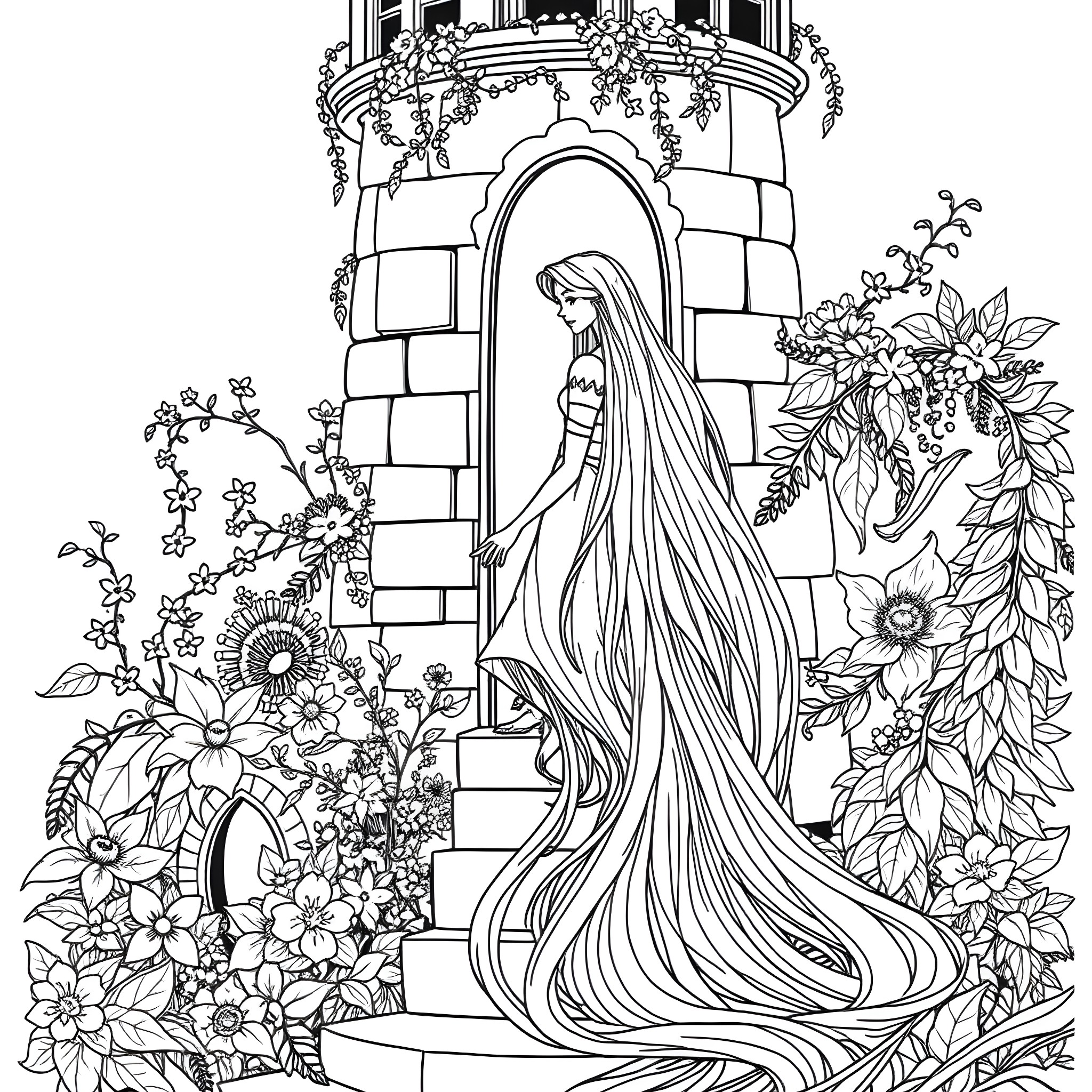 Rapunzel in her castle with lush floral surroundings Coloring Page (free black-and-white line drawing printable PDF for all, from beginners to advanced learners, including children, teens, adults, and seniors)