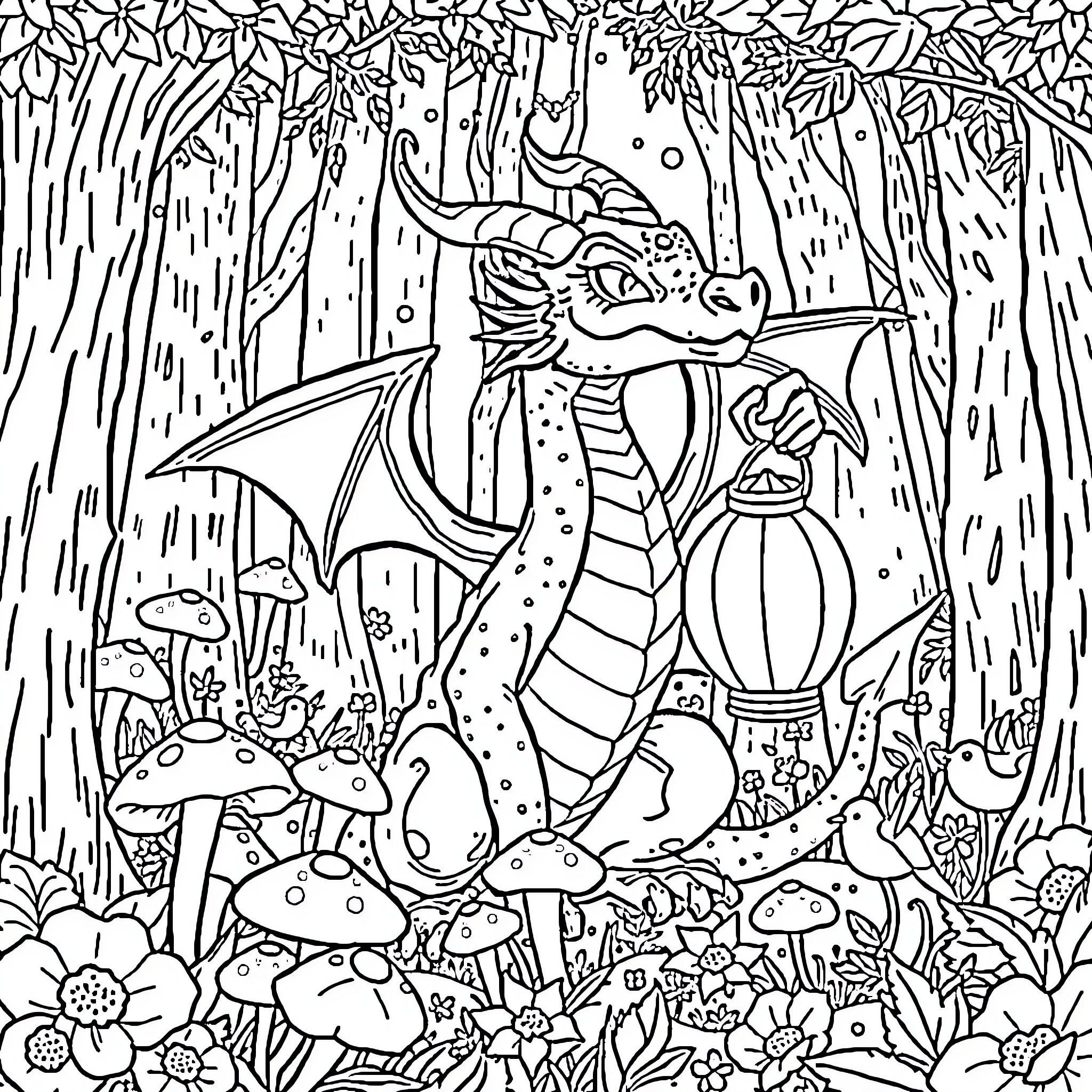 Dragon exploring the enchanted forest with lantern Coloring Page (free black-and-white line drawing printable PDF for all, from beginners to advanced learners, including children, teens, adults, and seniors)