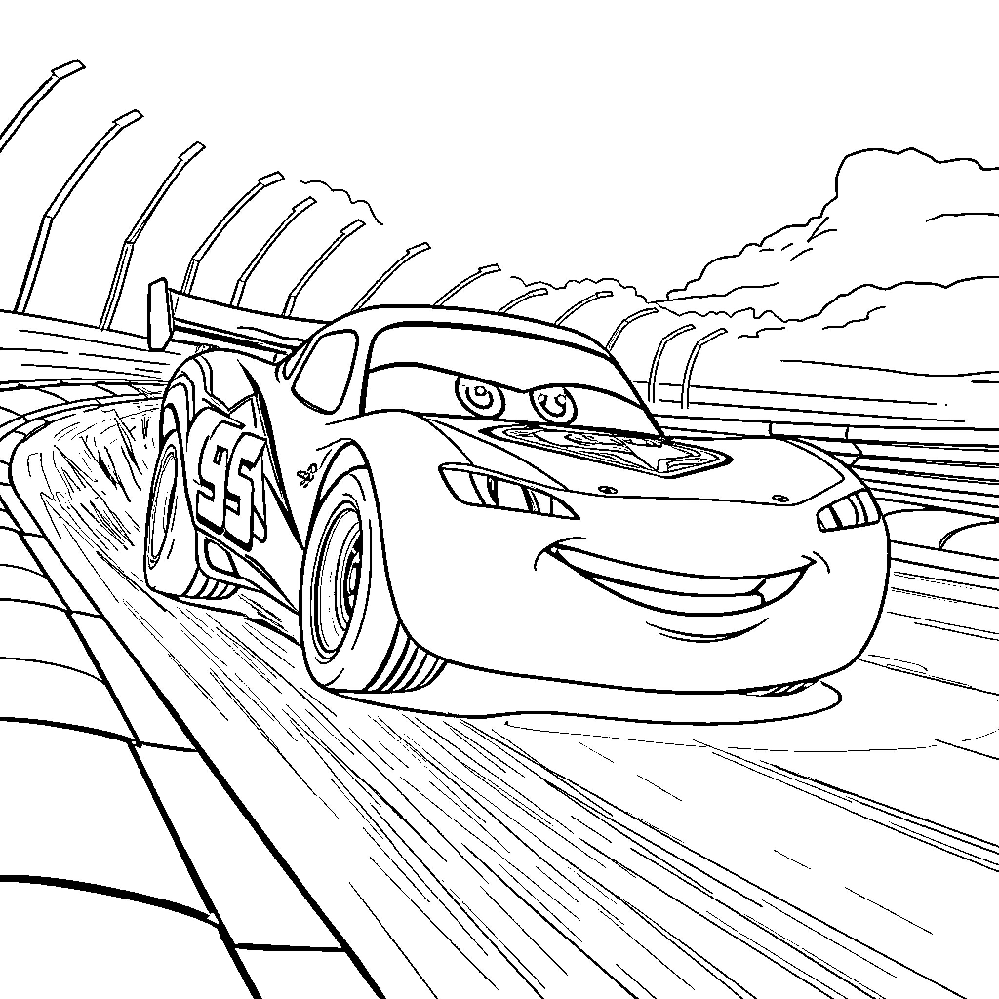 Flash McQueen racing on the track Coloring Page (free black-and-white line drawing printable PDF for all, from beginners to advanced learners, including children, teens, adults, and seniors)