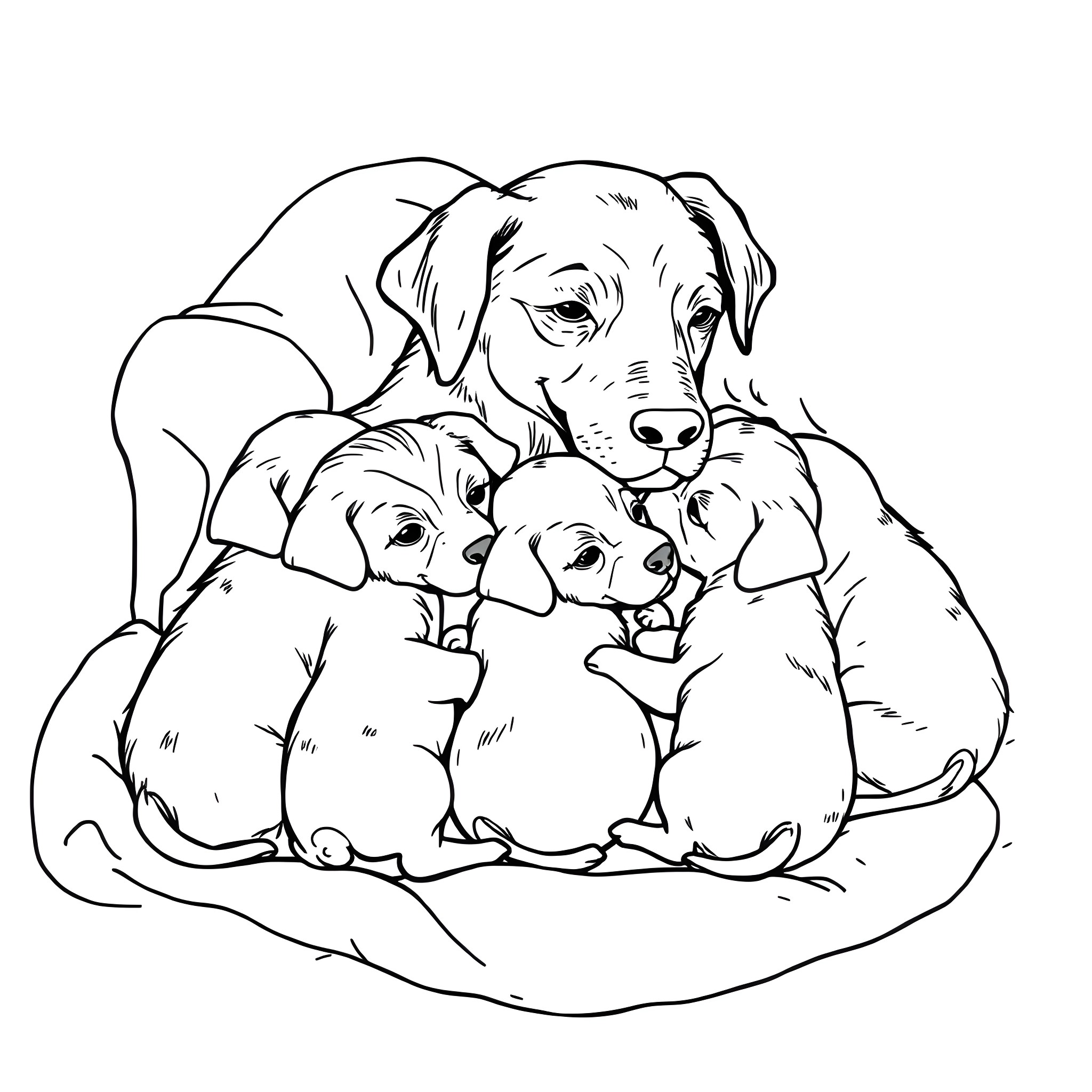 Puppy family snuggling together Coloring Page (free black-and-white line drawing printable PDF for all, from beginners to advanced learners, including children, teens, adults, and seniors)