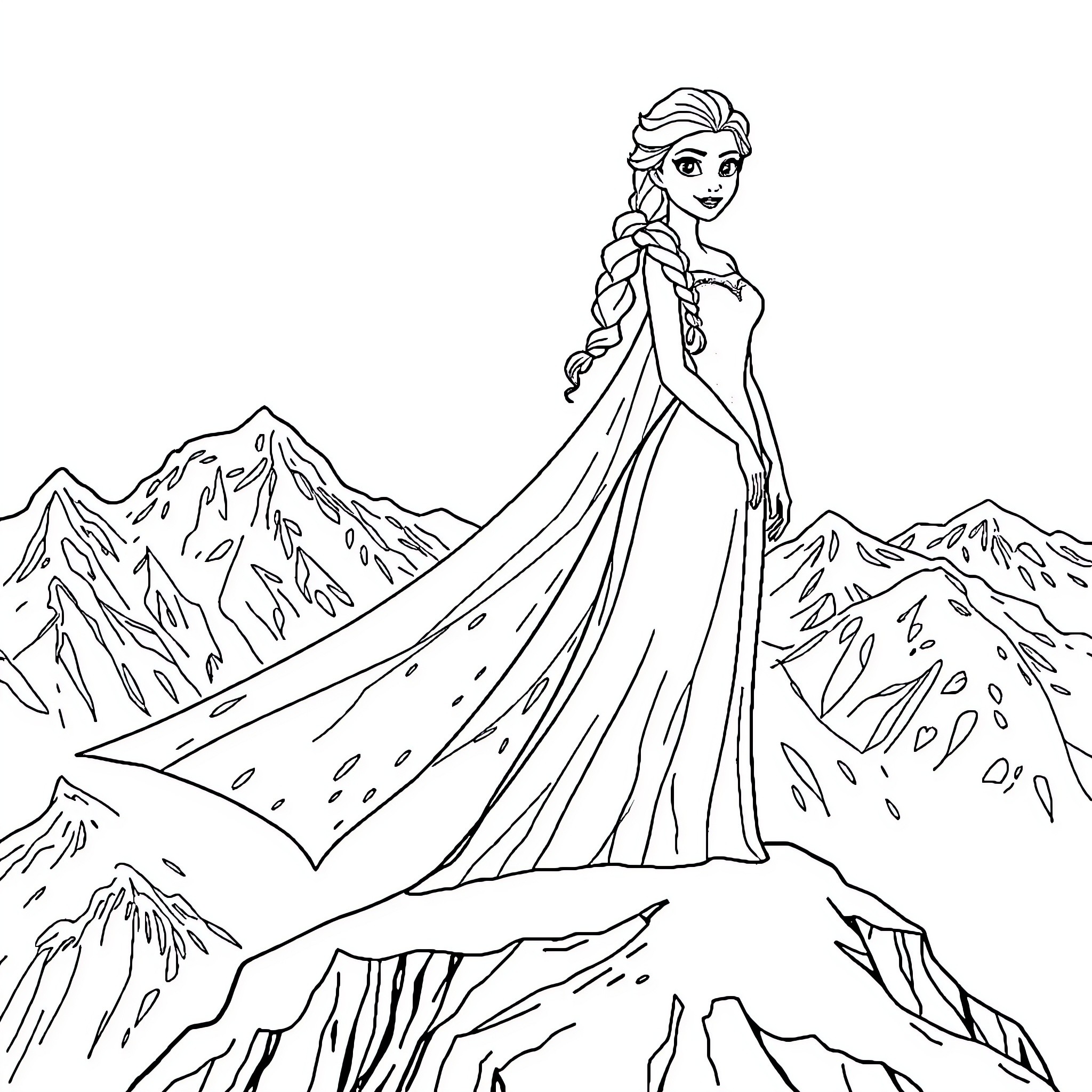 Elsa's Icy Enchantment in the Mountainous Landscape Coloring Page (free black-and-white line drawing printable PDF for all, from beginners to advanced learners, including children, teens, adults, and seniors)