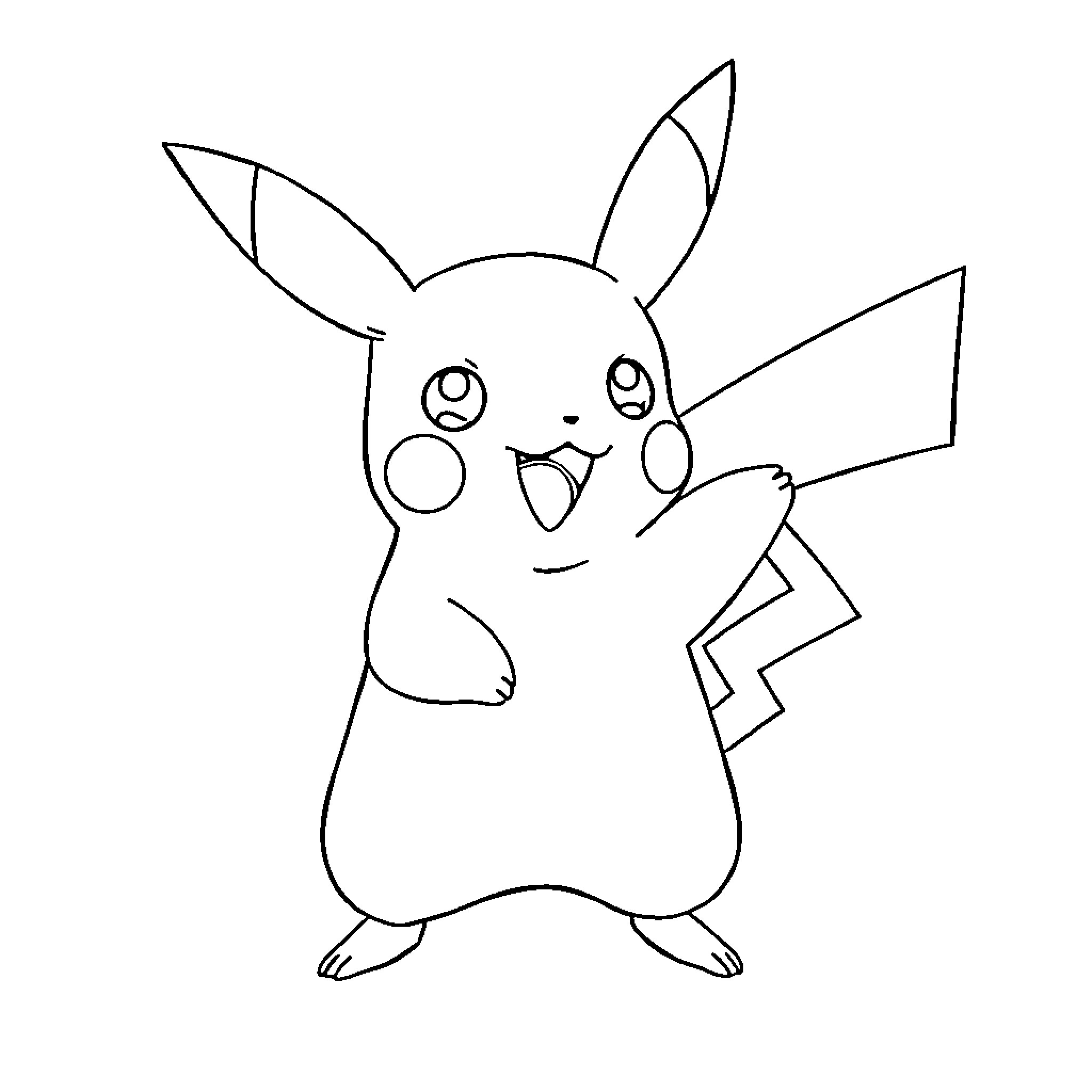 Pikachu happily waving Coloring Page (free black-and-white line drawing printable PDF for all, from beginners to advanced learners, including children, teens, adults, and seniors)