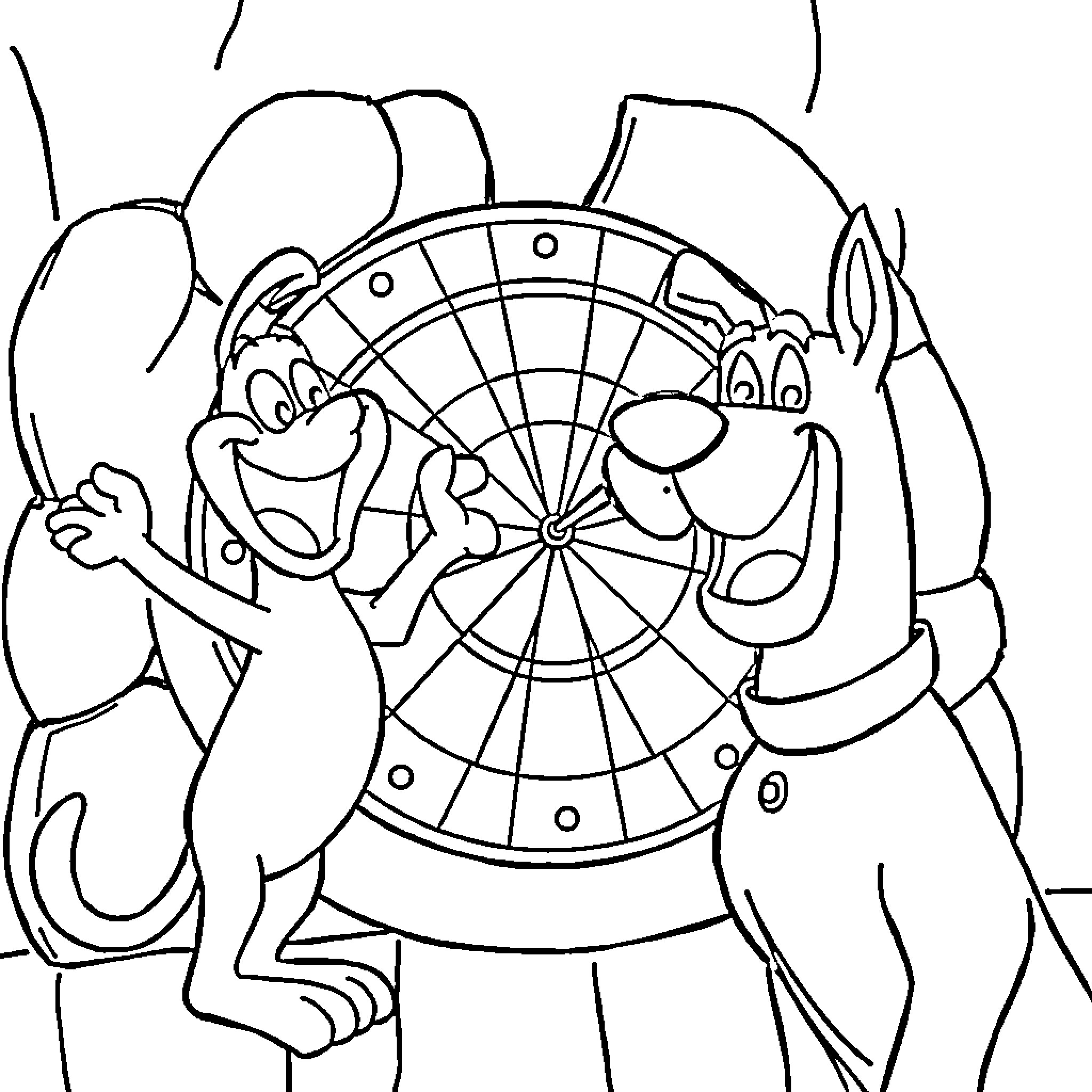 Zippy animals play with target game Coloring Page (free black-and-white line drawing printable PDF for all, from beginners to advanced learners, including children, teens, adults, and seniors)
