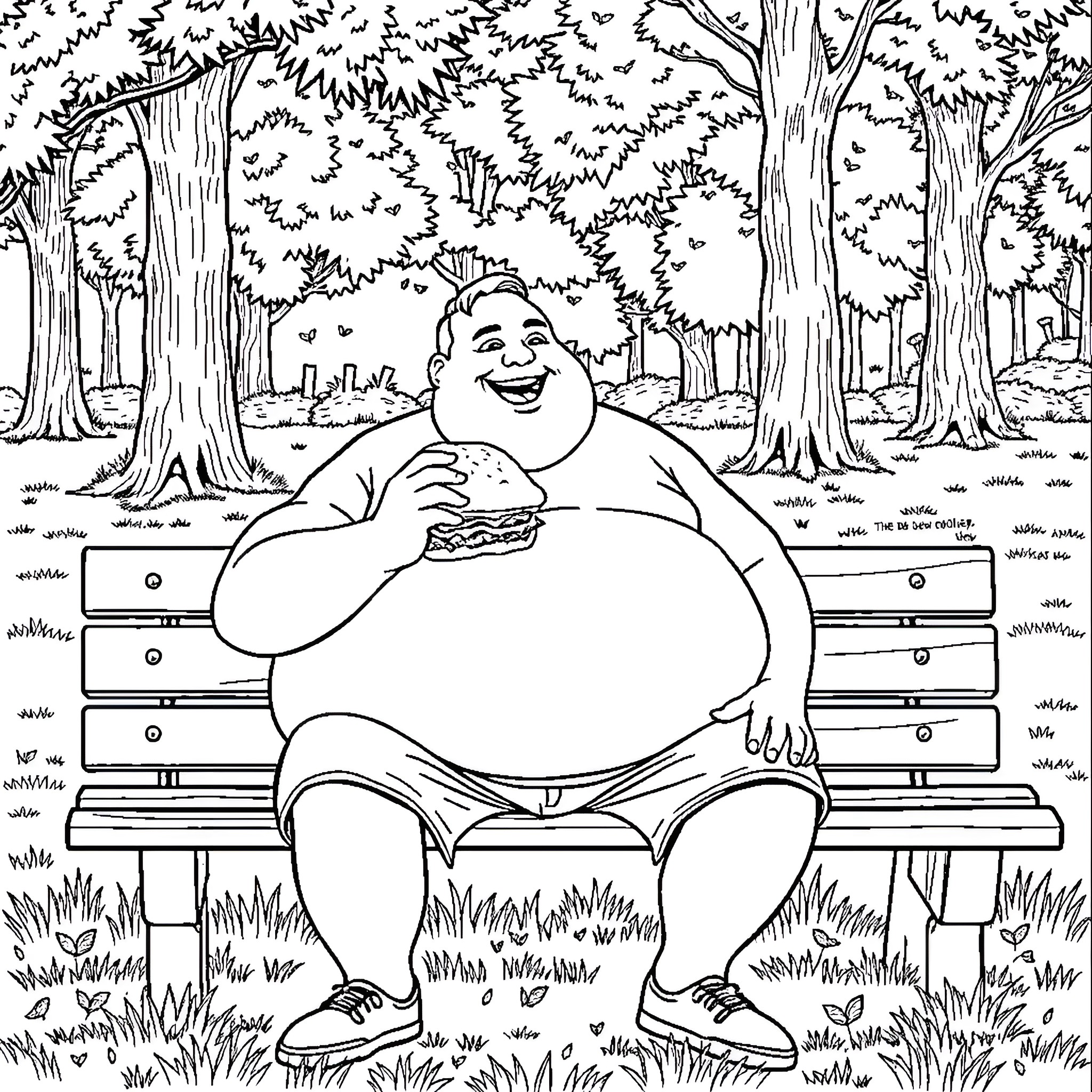 Man resting happily on a park bench Coloring Page (free black-and-white line drawing printable PDF for all, from beginners to advanced learners, including children, teens, adults, and seniors)