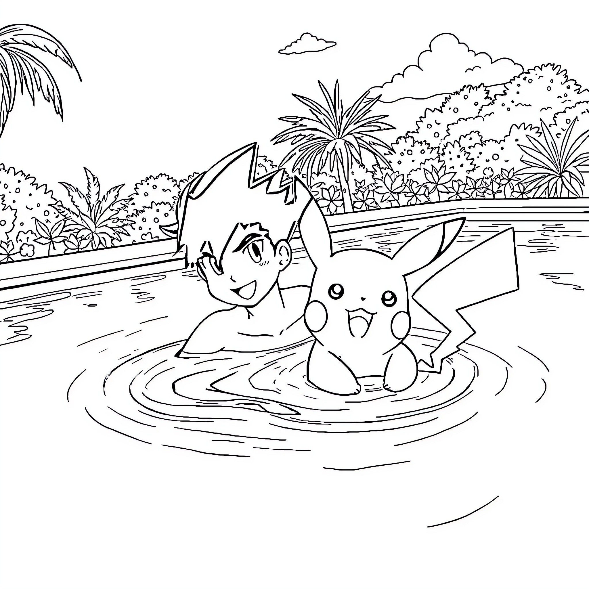 Sangoku: Pikachu and boy playing in tropical waters Coloring Page (free black-and-white line drawing printable PDF for all, from beginners to advanced learners, including children, teens, adults, and seniors)