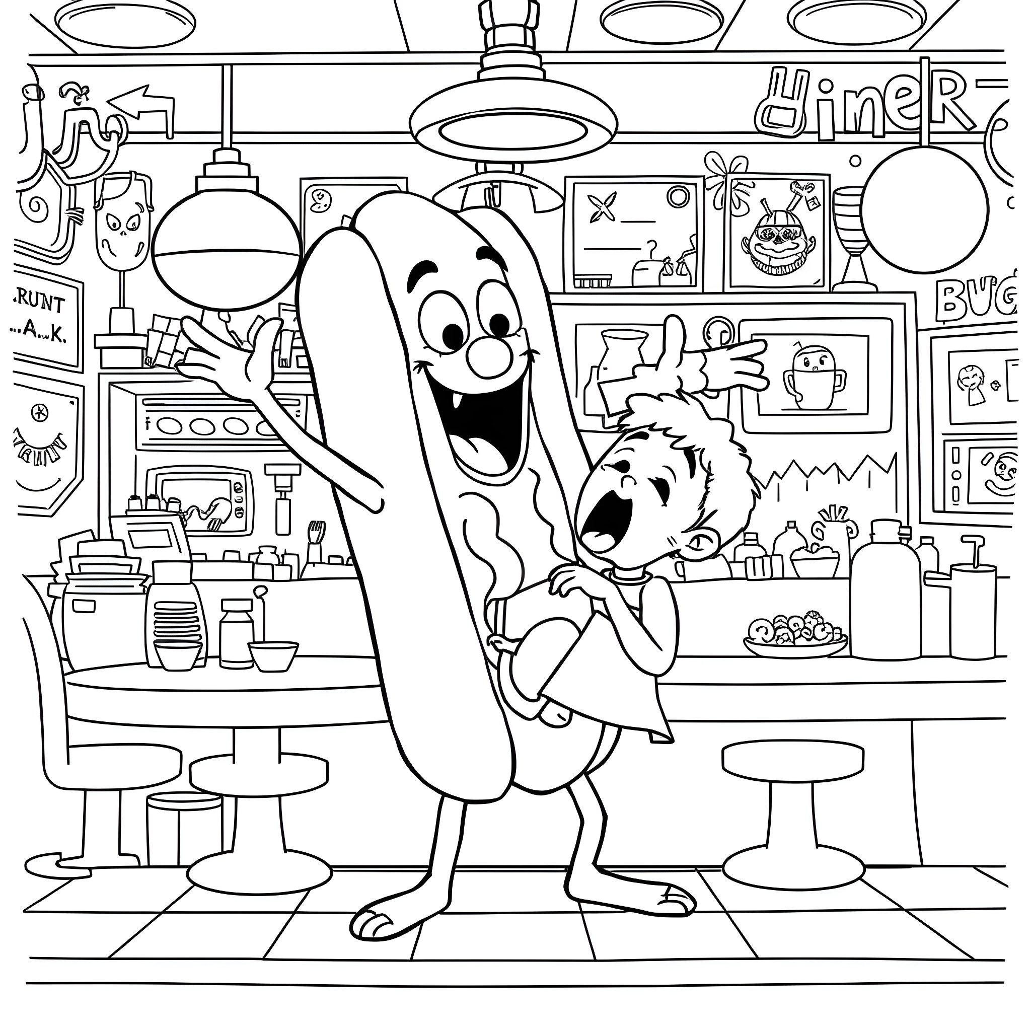 Hotdog characters having fun in the diner Coloring Page (free black-and-white line drawing printable PDF for all, from beginners to advanced learners, including children, teens, adults, and seniors)