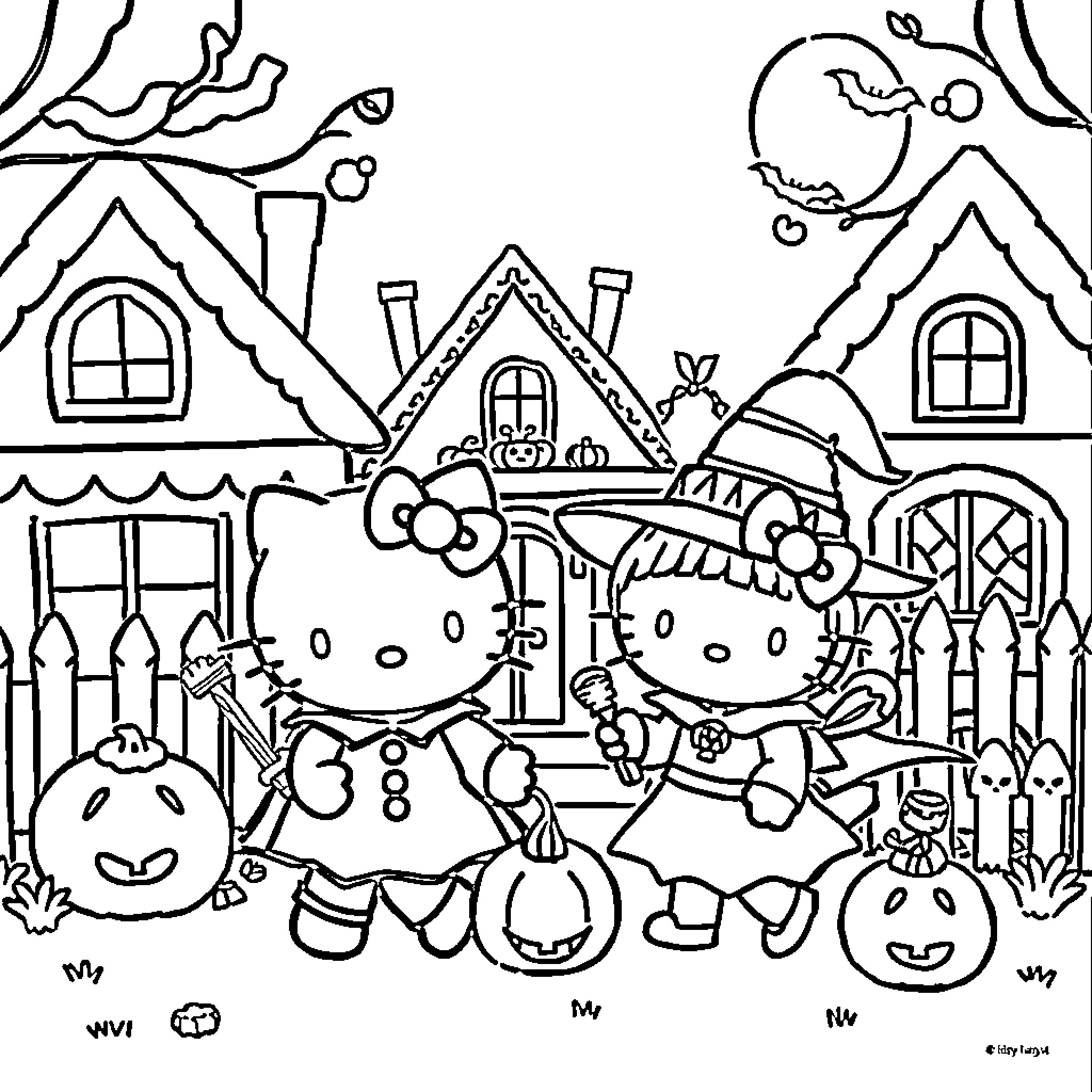 Hello Kitty and Friends Trick-or-Treating in Neighborhood Coloring Page (free black-and-white line drawing printable PDF for all, from beginners to advanced learners, including children, teens, adults, and seniors)