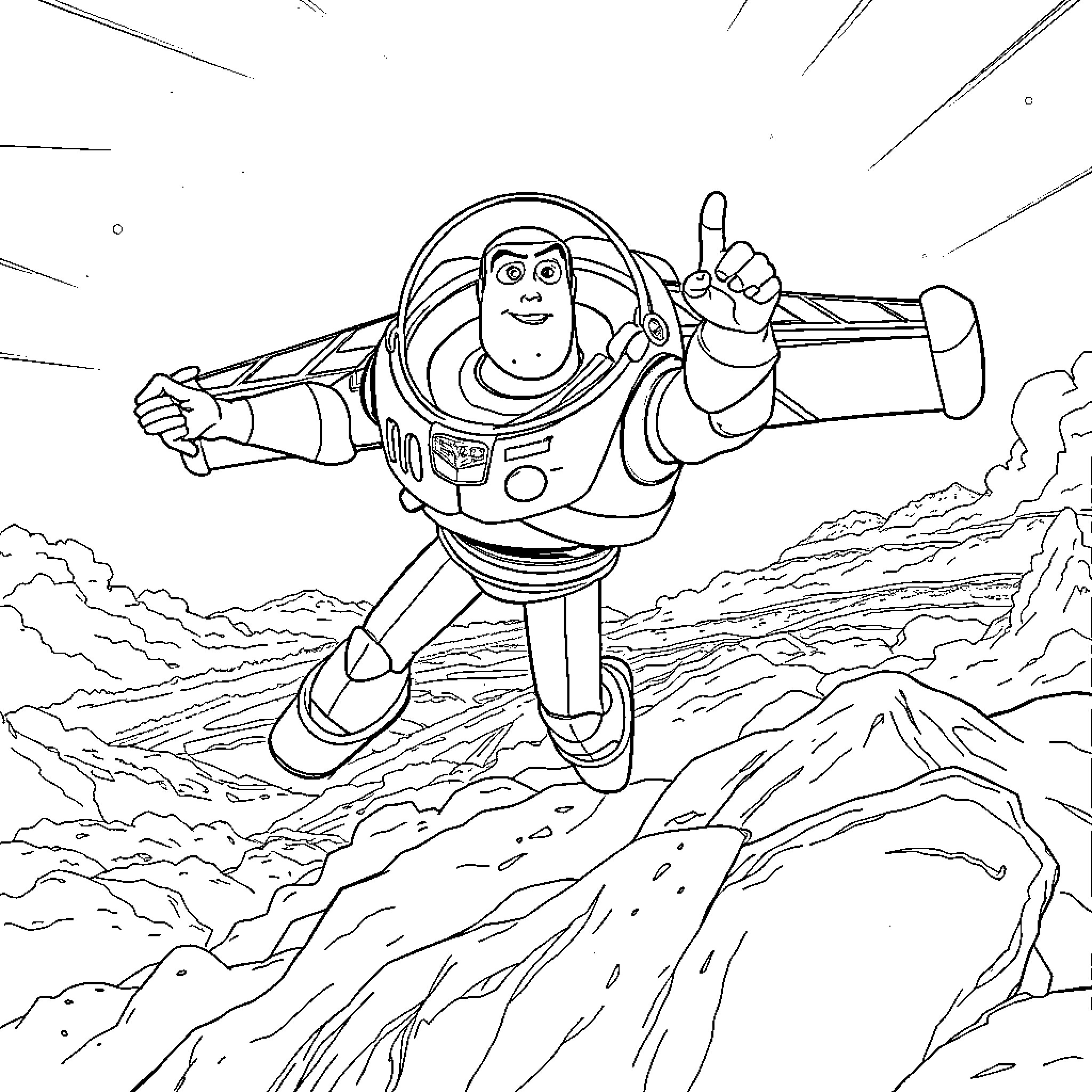 Buzz Lightyear soaring through the sky Coloring Page (free black-and-white line drawing printable PDF for all, from beginners to advanced learners, including children, teens, adults, and seniors)