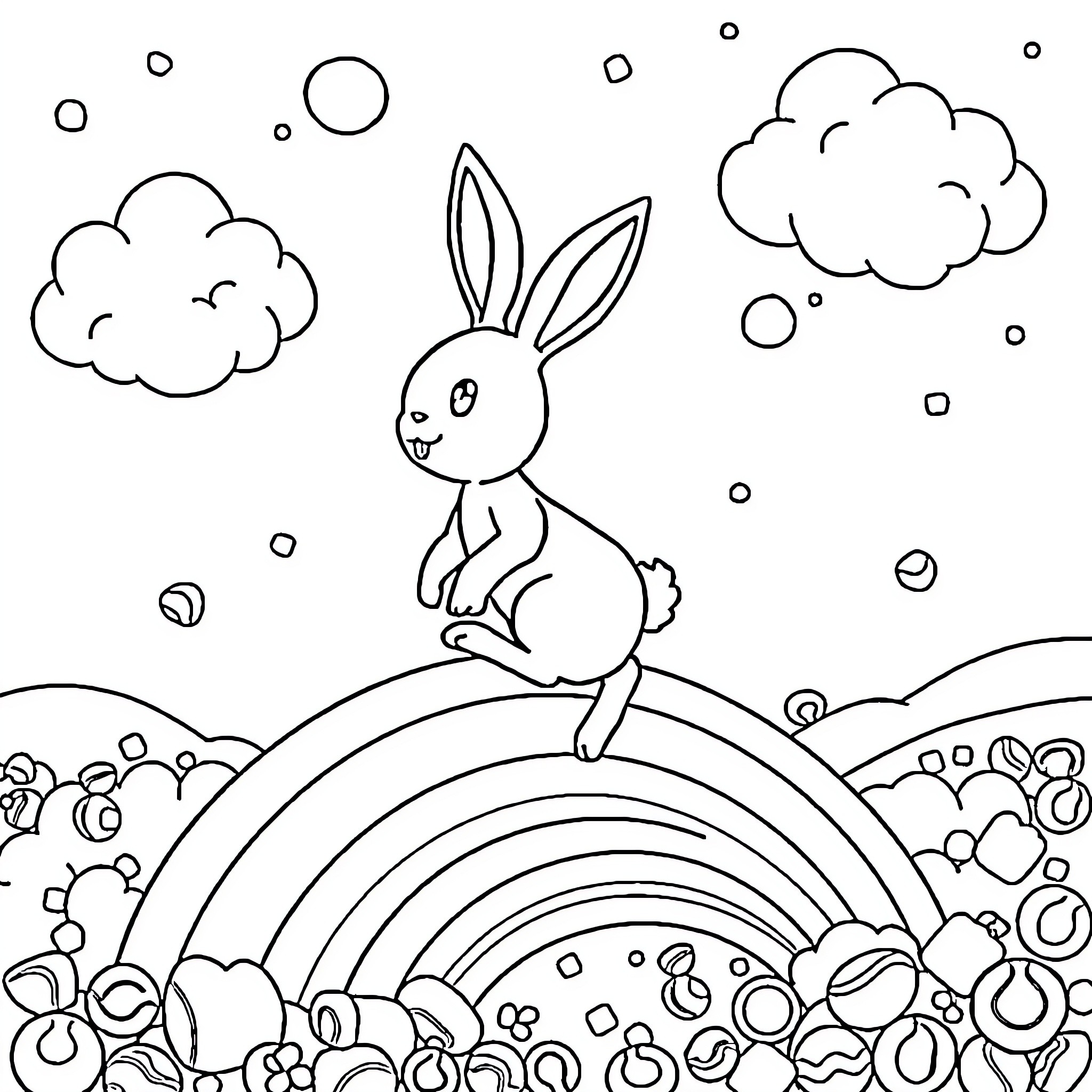 Bunny hopping on a colorful rainbow Coloring Page (free black-and-white line drawing printable PDF for all, from beginners to advanced learners, including children, teens, adults, and seniors)