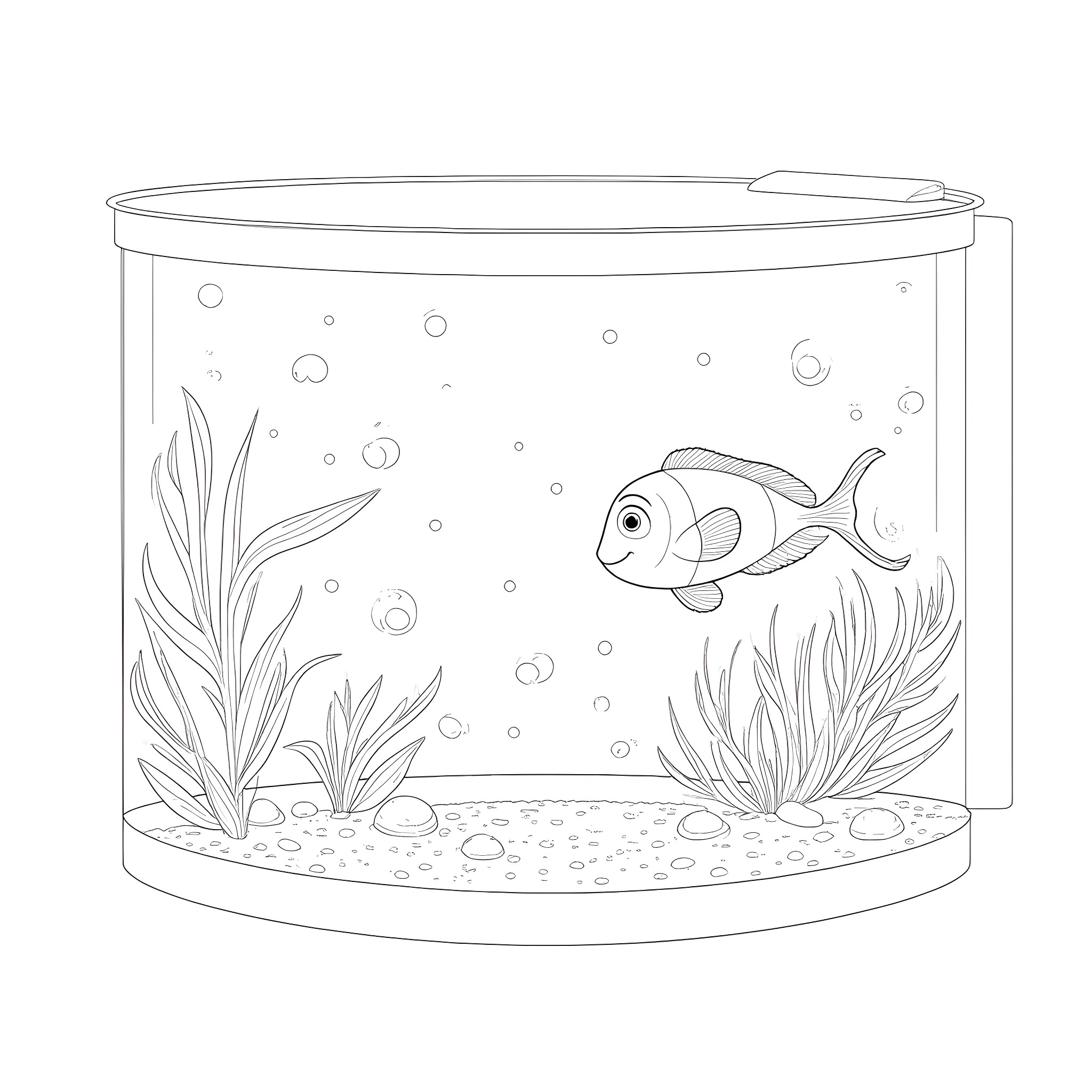 Nemo swimming in an aquarium with plants Coloring Page (free black-and-white line drawing printable PDF for all, from beginners to advanced learners, including children, teens, adults, and seniors)
