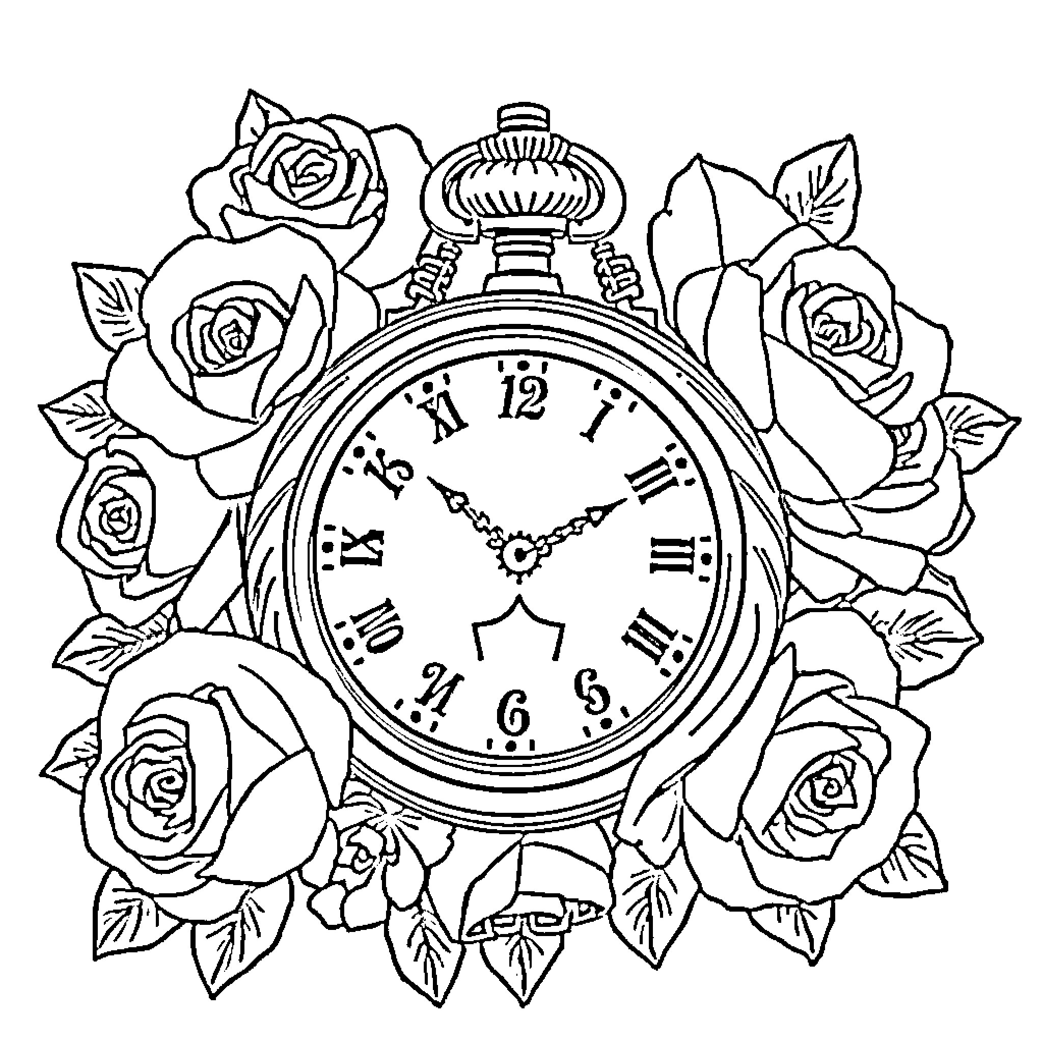 Lion Pocket Watch Encircled by Roses Coloring Page (free black-and-white line drawing printable PDF for all, from beginners to advanced learners, including children, teens, adults, and seniors)
