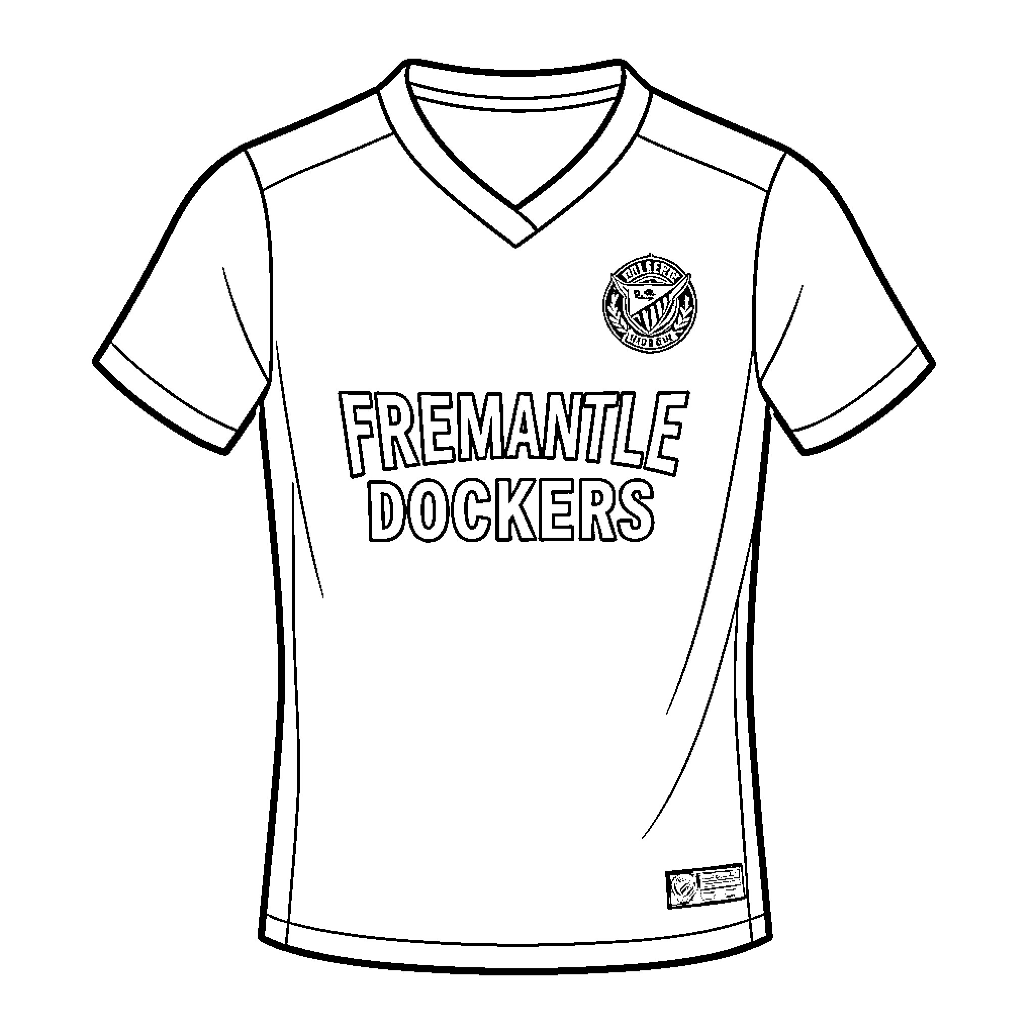 Jumper featuring Fremantle Dockers team logo and text Coloring Page (free black-and-white line drawing printable PDF for all, from beginners to advanced learners, including children, teens, adults, and seniors)