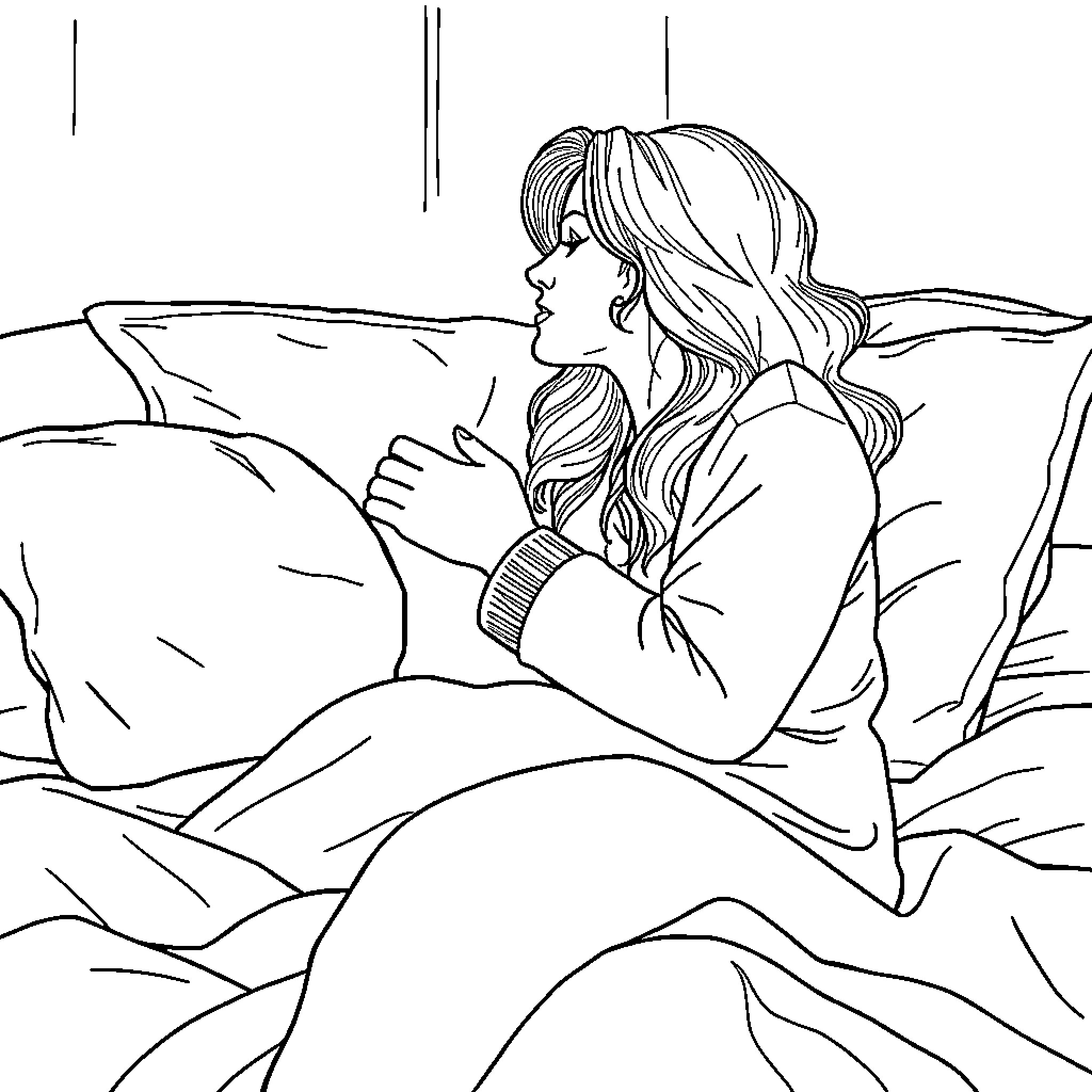 Kiss in a Cozy Embrace Coloring Page (free black-and-white line drawing printable PDF for all, from beginners to advanced learners, including children, teens, adults, and seniors)