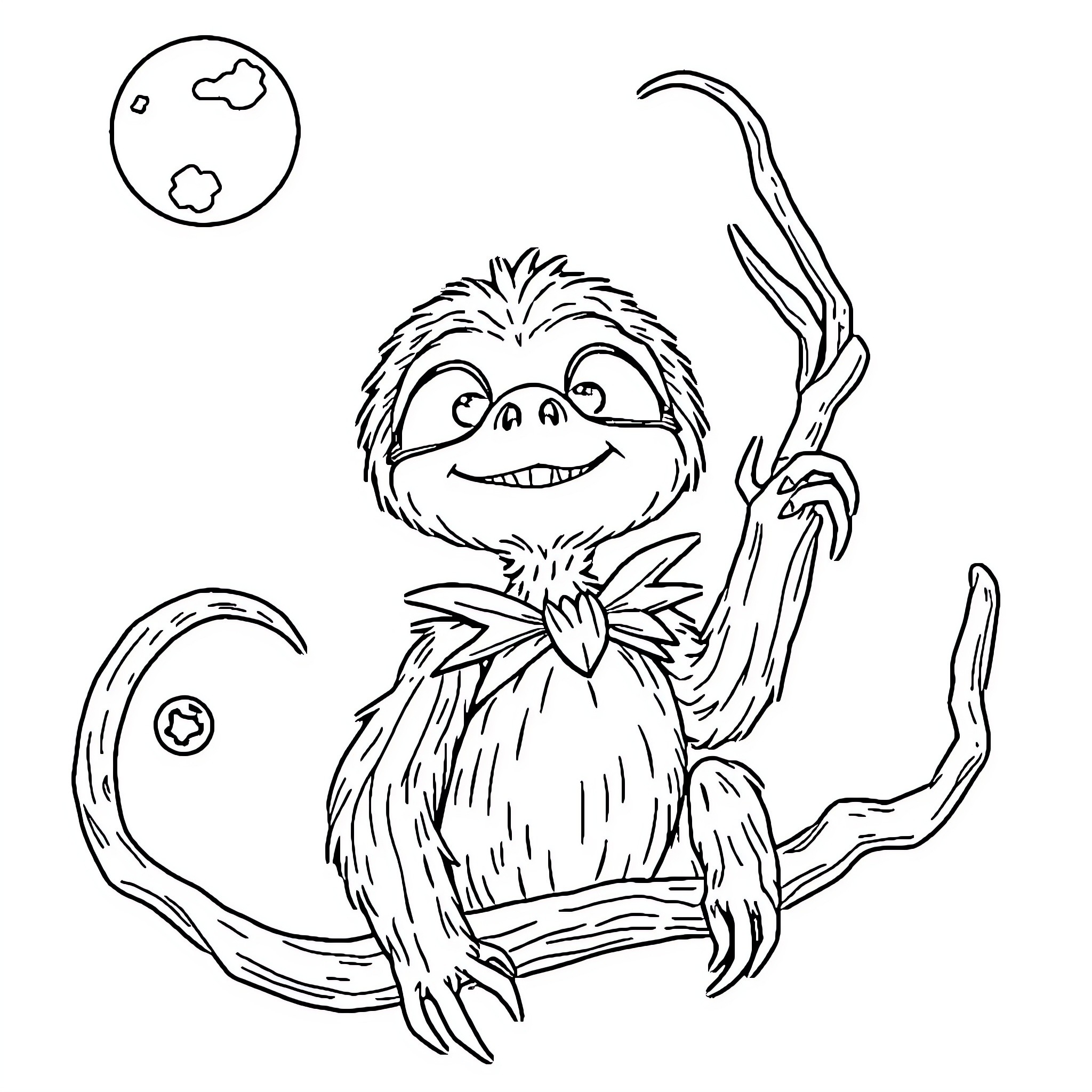 Sloth swinging happily on a branch Coloring Page (free black-and-white line drawing printable PDF for all, from beginners to advanced learners, including children, teens, adults, and seniors)