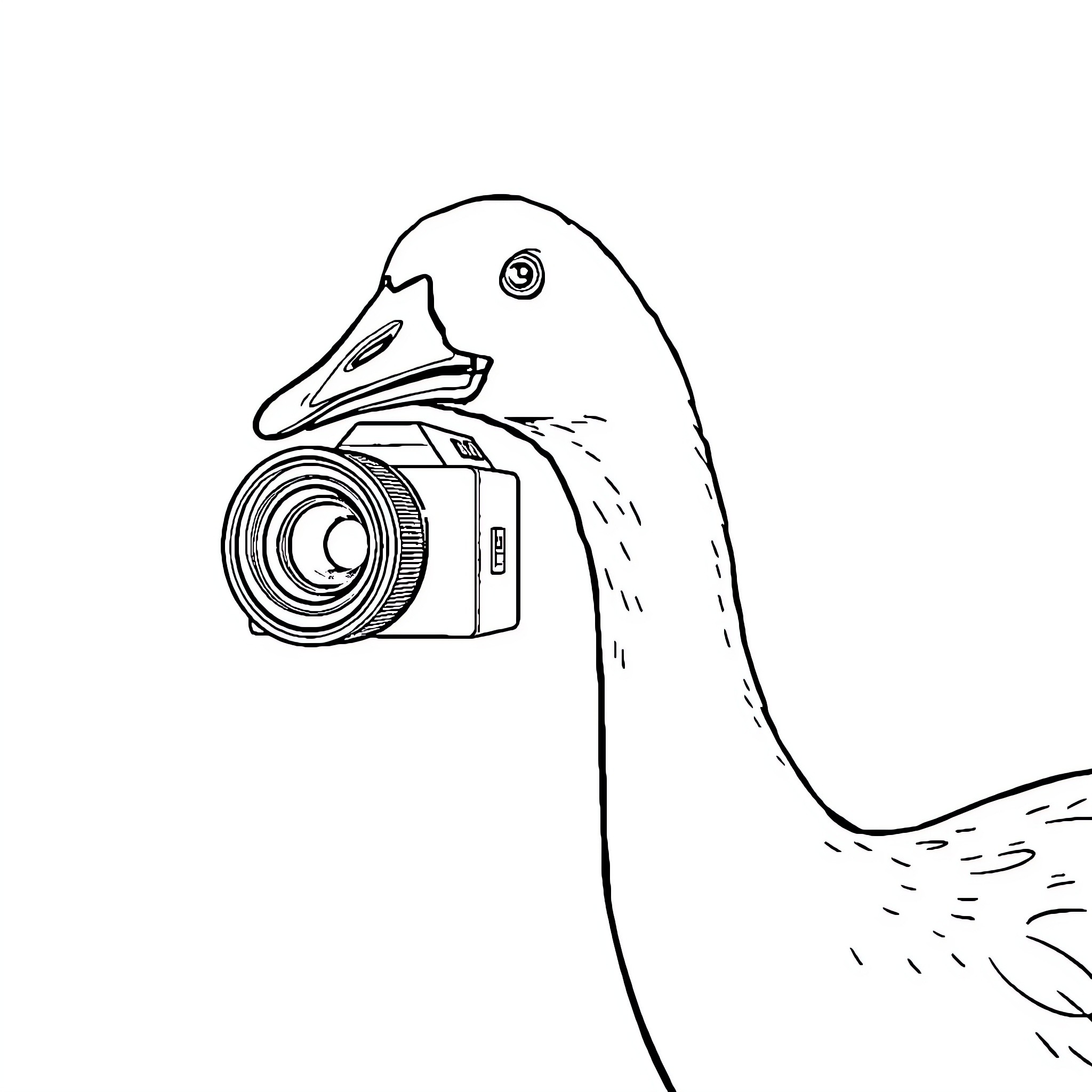 Goose capturing the moment with a camera Coloring Page (free black-and-white line drawing printable PDF for all, from beginners to advanced learners, including children, teens, adults, and seniors)