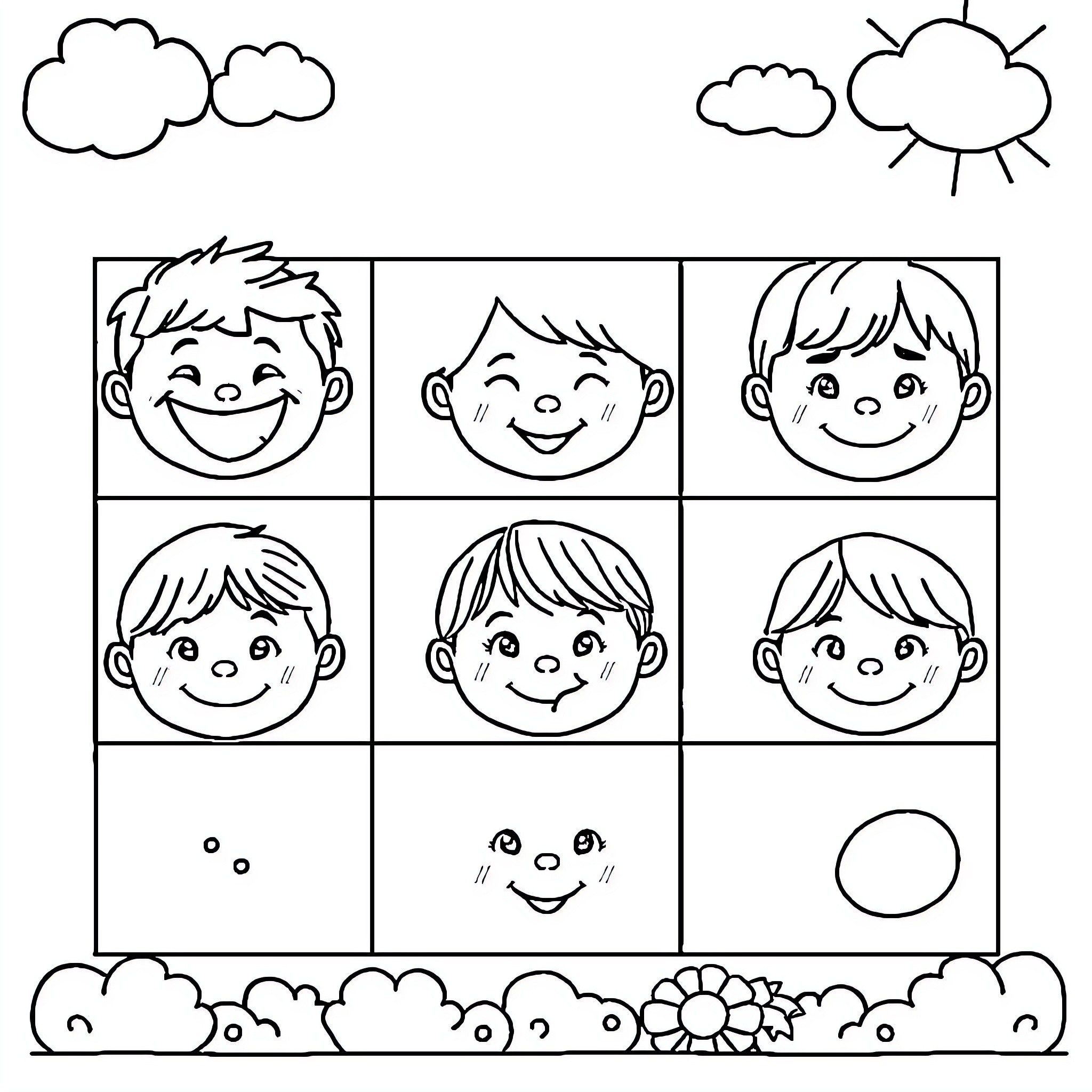 Child faces expressing different emotions Coloring Page (free black-and-white line drawing printable PDF for all, from beginners to advanced learners, including children, teens, adults, and seniors)