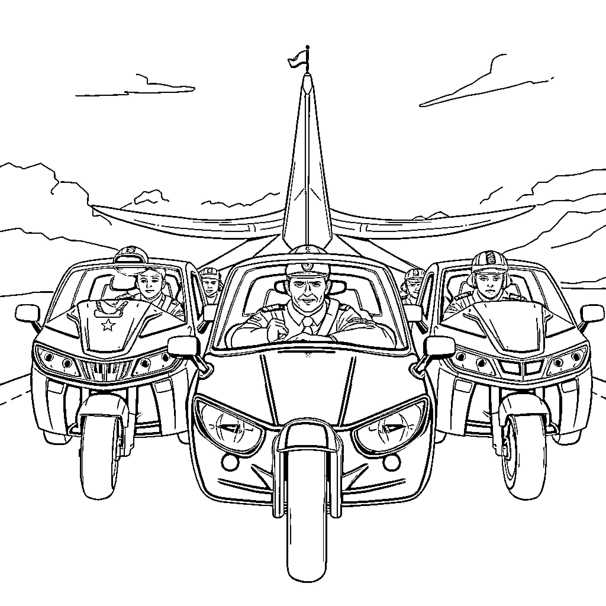 Paw Patrol characters driving vehicles on an adventure Coloring Page (free black-and-white line drawing printable PDF for all, from beginners to advanced learners, including children, teens, adults, and seniors)