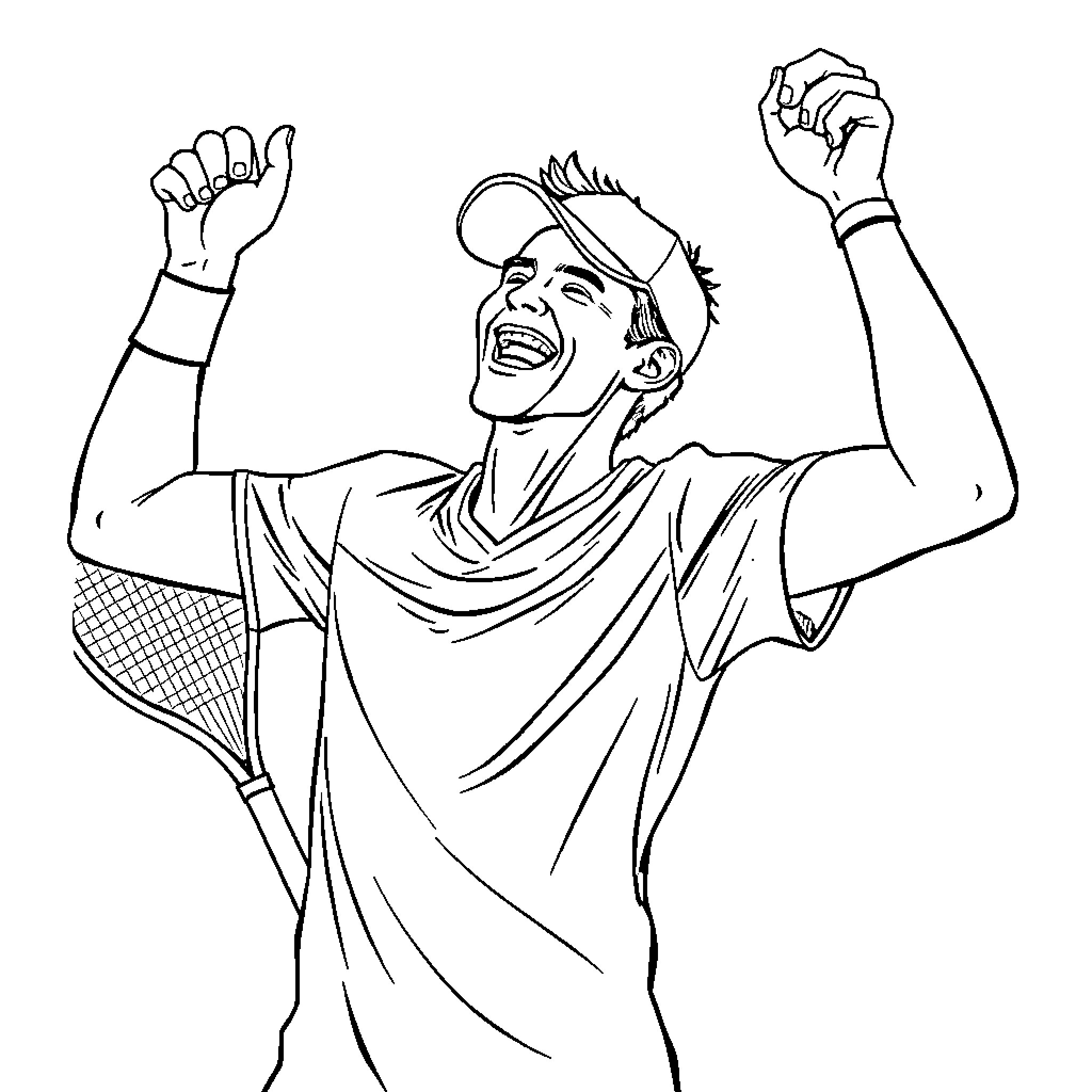 Tennis Player Celebrating Victory Coloring Page (free black-and-white line drawing printable PDF for all, from beginners to advanced learners, including children, teens, adults, and seniors)