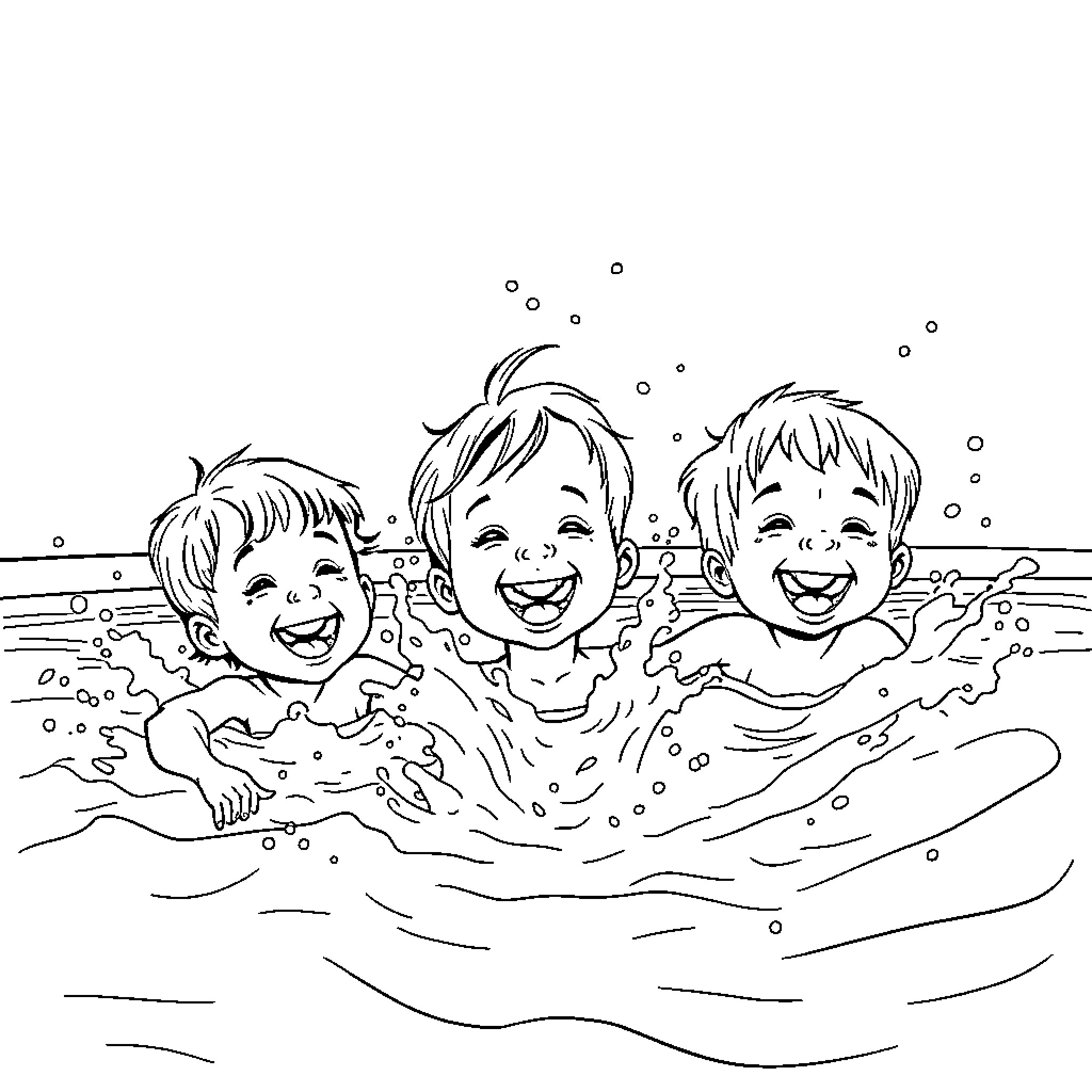 Kids splashing and playing in the water Coloring Page (free black-and-white line drawing printable PDF for all, from beginners to advanced learners, including children, teens, adults, and seniors)