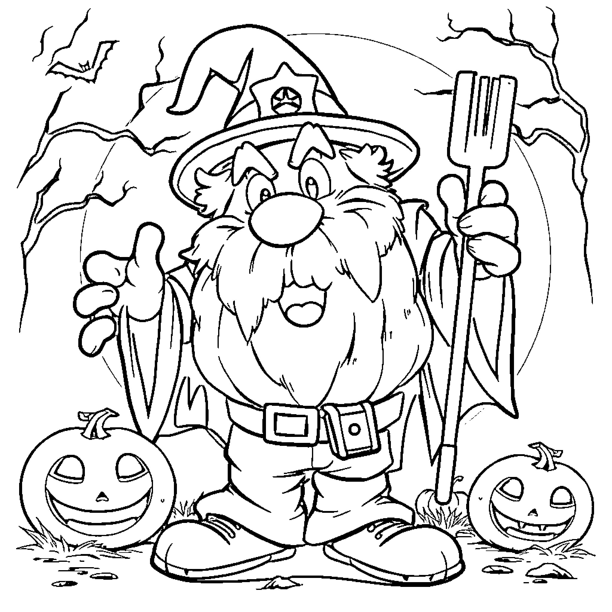 Grimace of the Pumpkin Patch Farmer Coloring Page (free black-and-white line drawing printable PDF for all, from beginners to advanced learners, including children, teens, adults, and seniors)