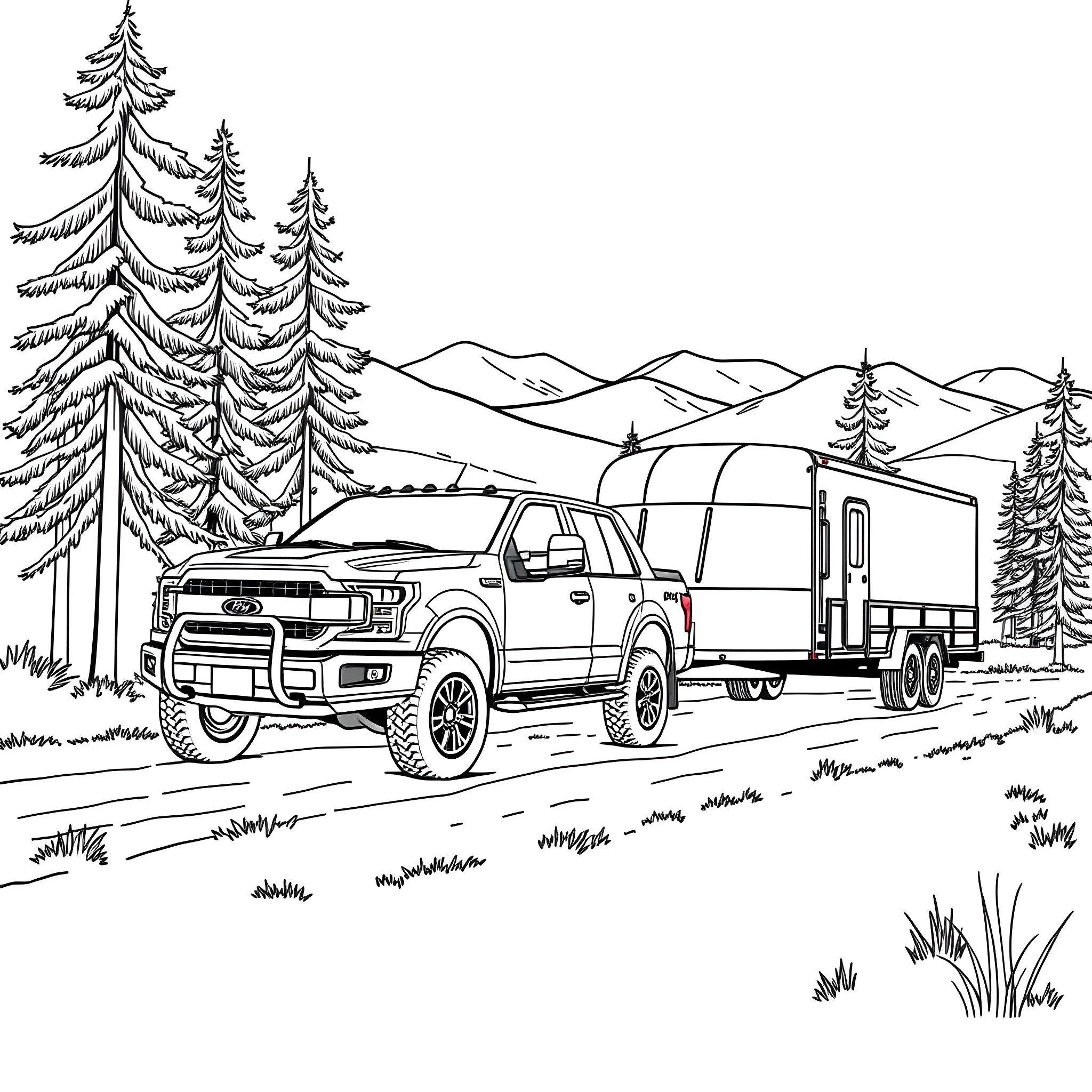 Pickup truck hauling trailer in the wilderness Coloring Page (free black-and-white line drawing printable PDF for all, from beginners to advanced learners, including children, teens, adults, and seniors)