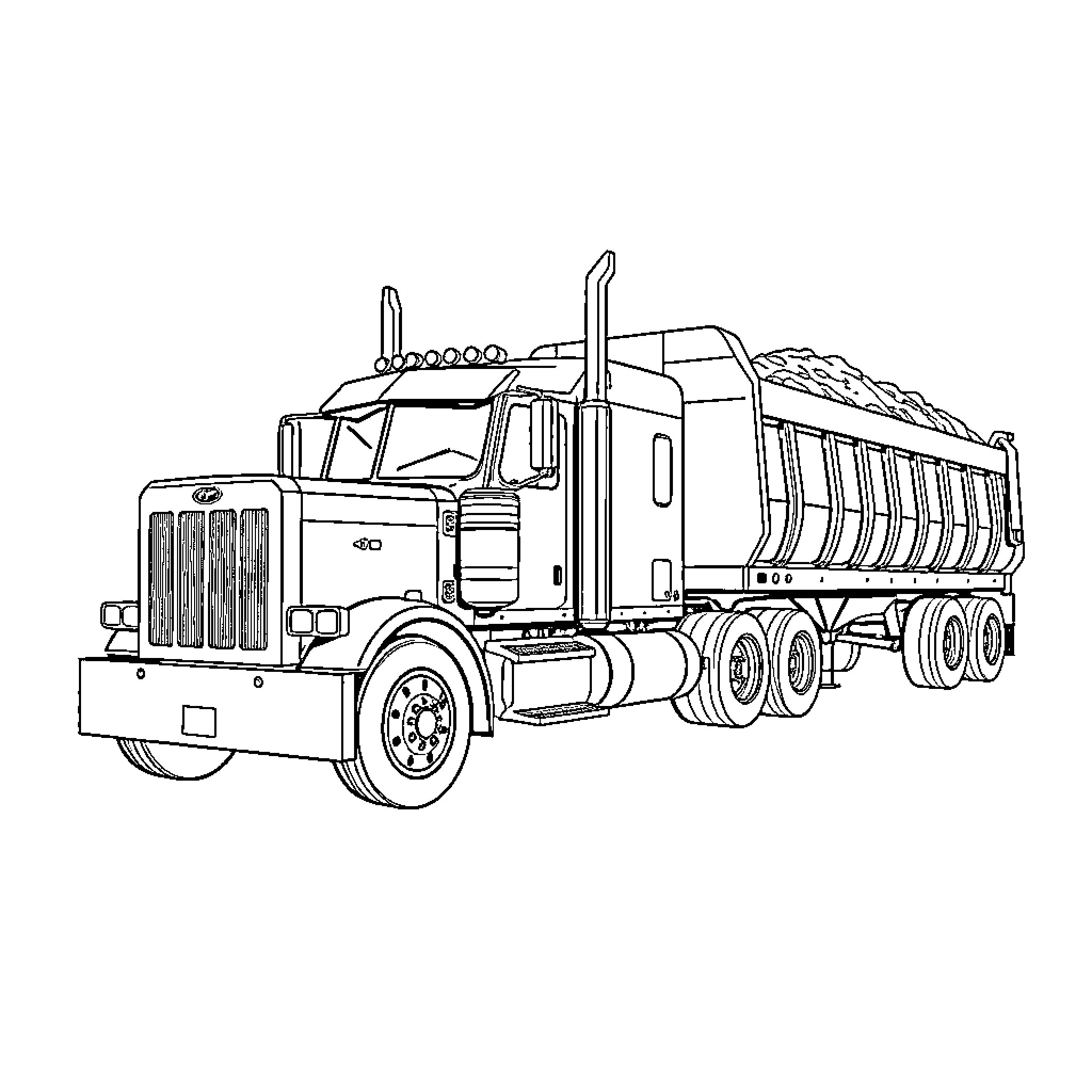 Peterbilt Dump Truck in Motion Coloring Page (free black-and-white line drawing printable PDF for all, from beginners to advanced learners, including children, teens, adults, and seniors)