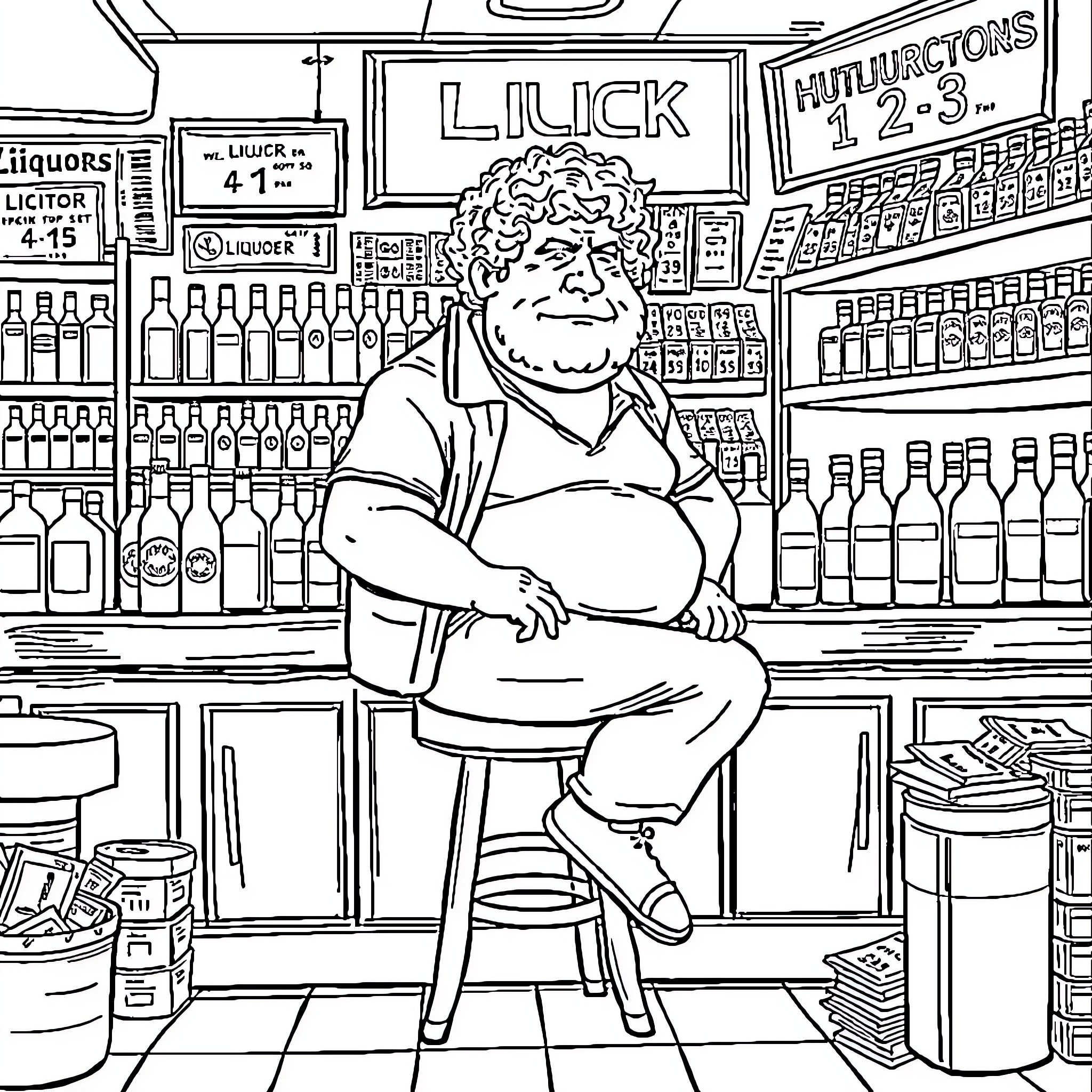 Man sitting at the bar in a liquor store Coloring Page (free black-and-white line drawing printable PDF for all, from beginners to advanced learners, including children, teens, adults, and seniors)