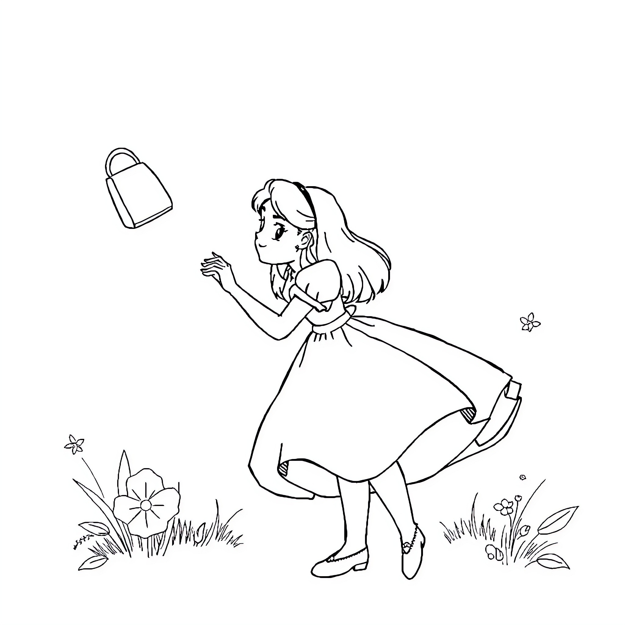 Alice skipping joyfully amidst flowers Coloring Page (free black-and-white line drawing printable PDF for all, from beginners to advanced learners, including children, teens, adults, and seniors)