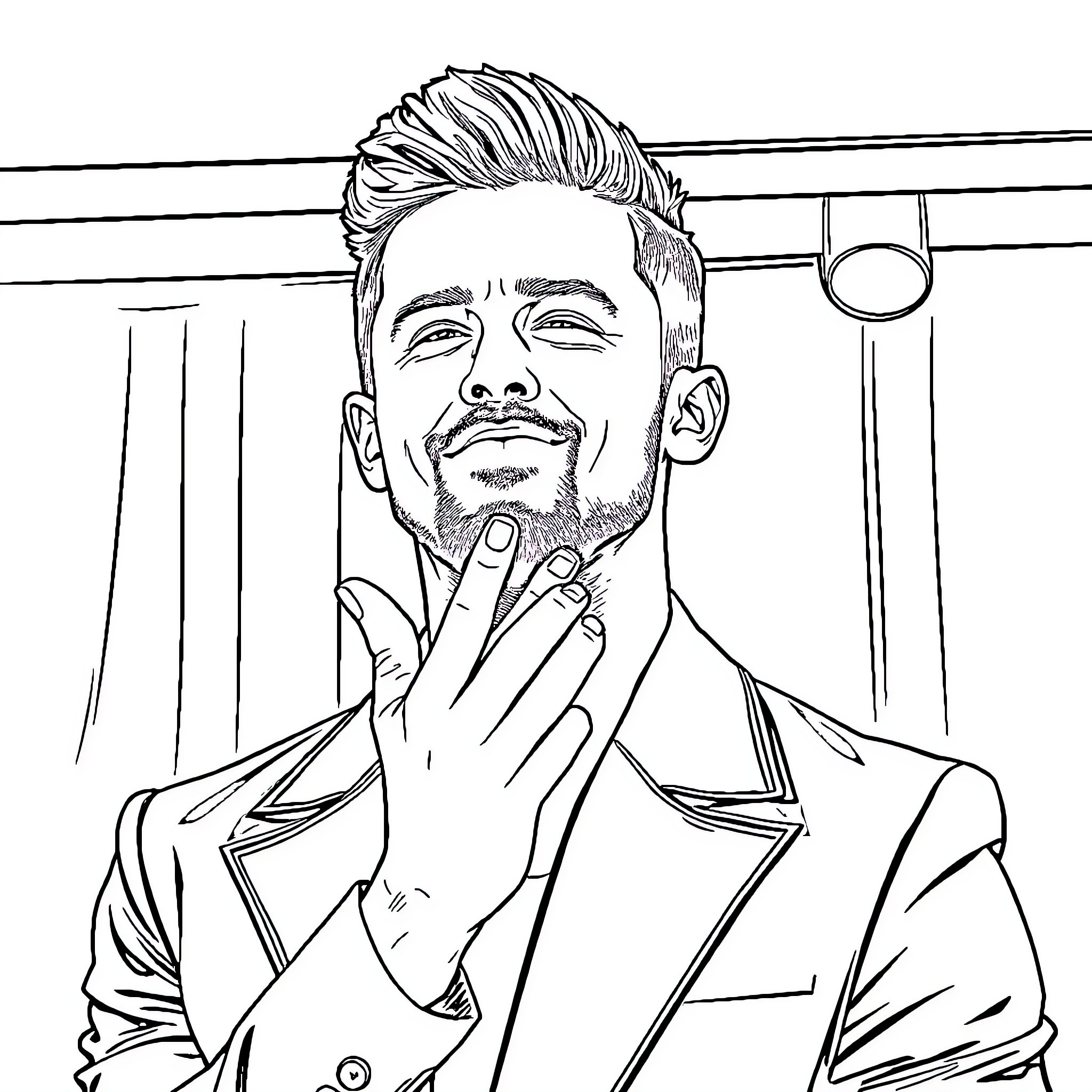 Justin Timberlake smiling and gesturing in formal attire Coloring Page (free black-and-white line drawing printable PDF for all, from beginners to advanced learners, including children, teens, adults, and seniors)