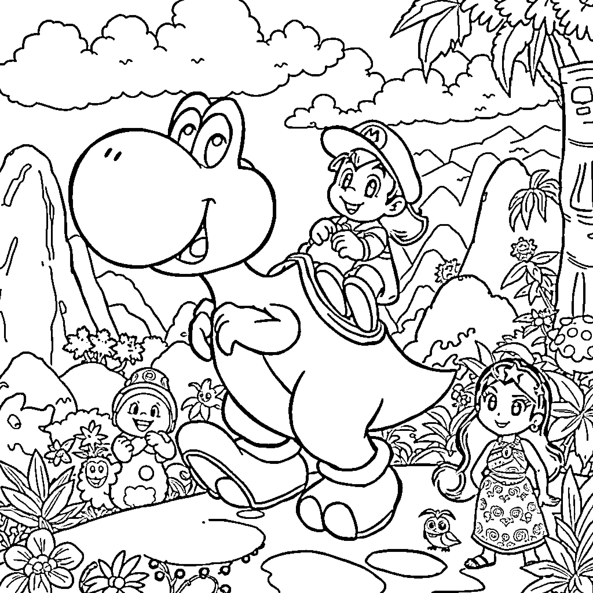 Yoshi's Fun Adventure in the Tropical Landscape Coloring Page (free black-and-white line drawing printable PDF for all, from beginners to advanced learners, including children, teens, adults, and seniors)