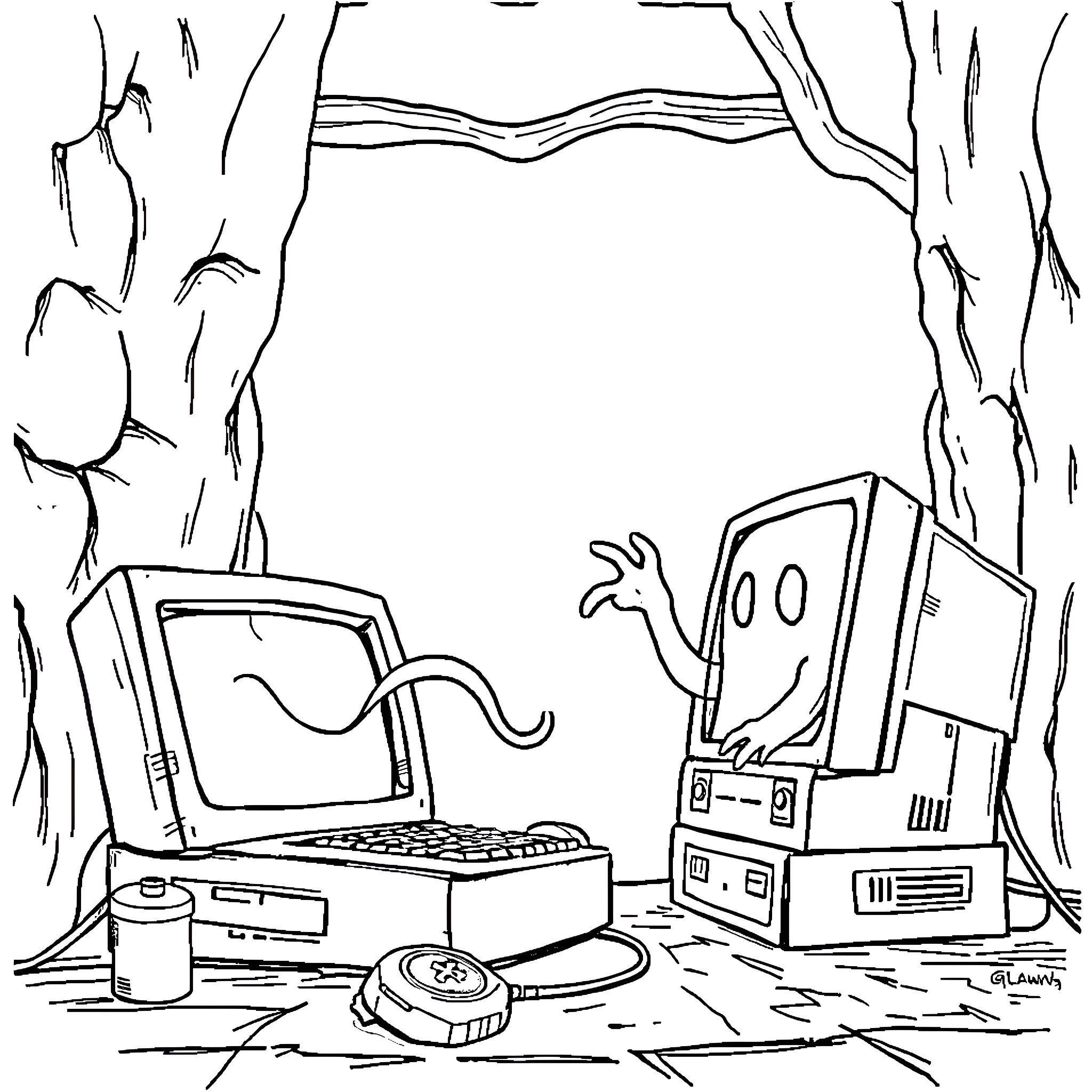 Ghost Technology Haunting the Abandoned Workspace Coloring Page (free black-and-white line drawing printable PDF for all, from beginners to advanced learners, including children, teens, adults, and seniors)