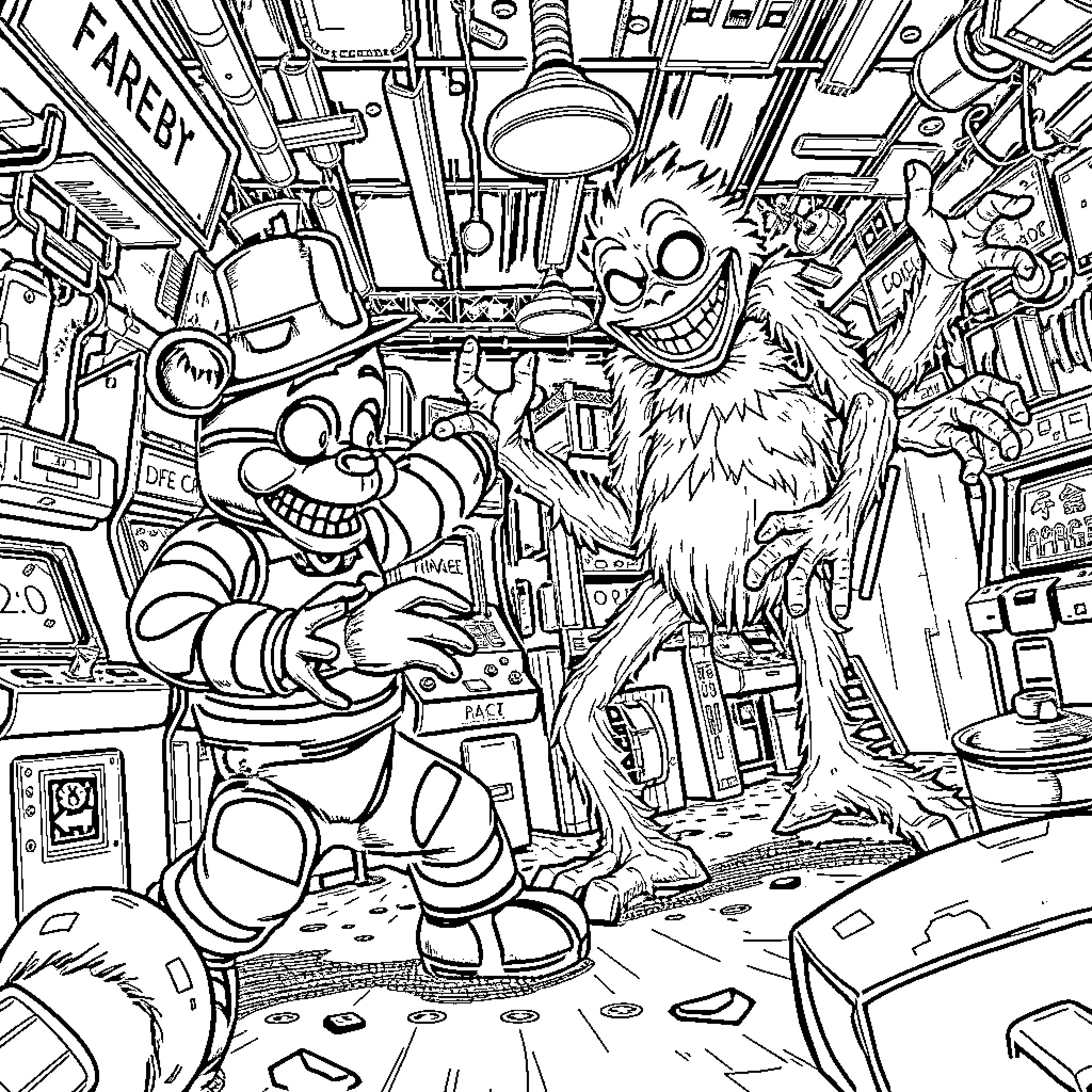 Freddy Fazbear and the Animatronic Chaos Coloring Page (free black-and-white line drawing printable PDF for all, from beginners to advanced learners, including children, teens, adults, and seniors)